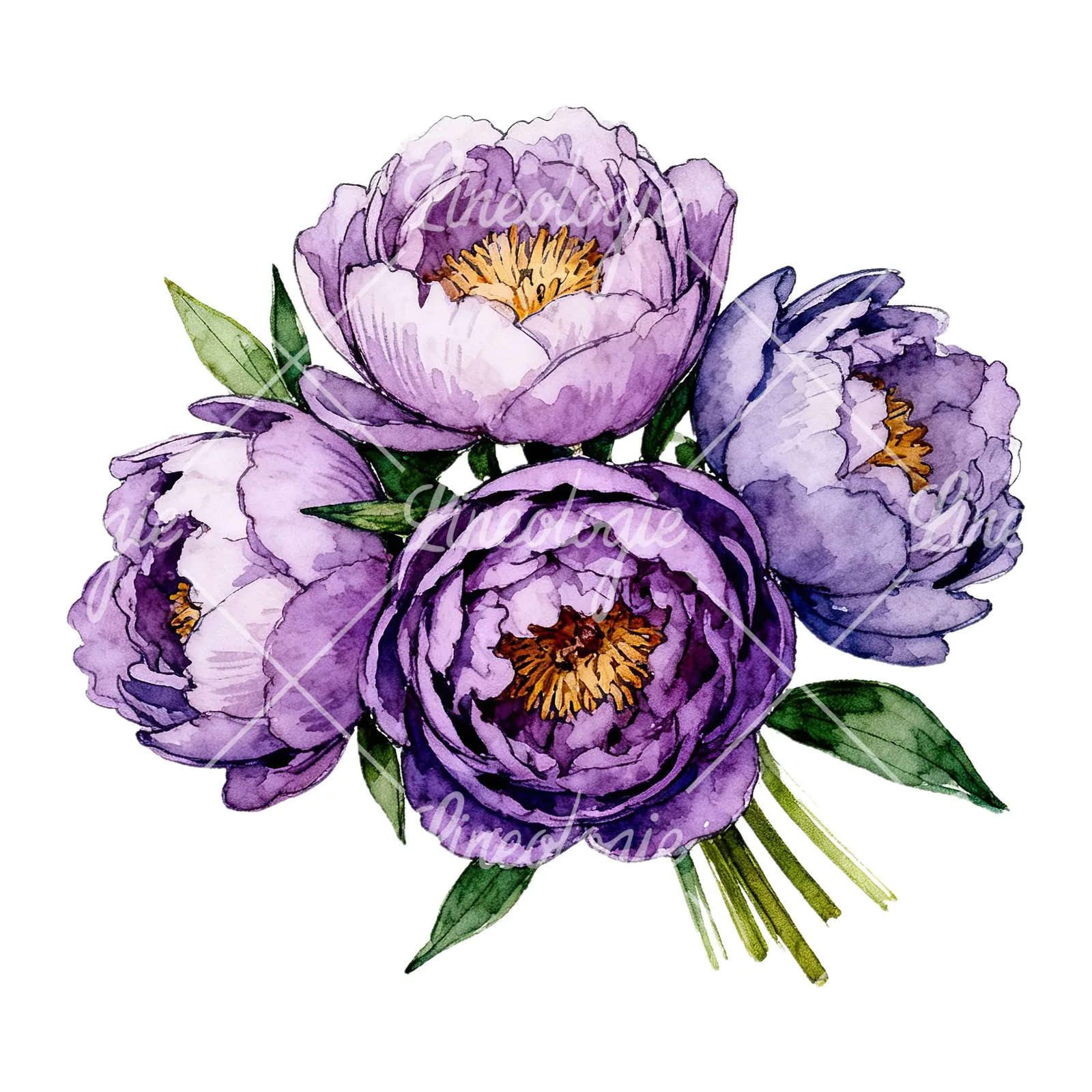 Watercolor purple peony bouquet with buds clipart 2 of 6 on a white background (JPG)