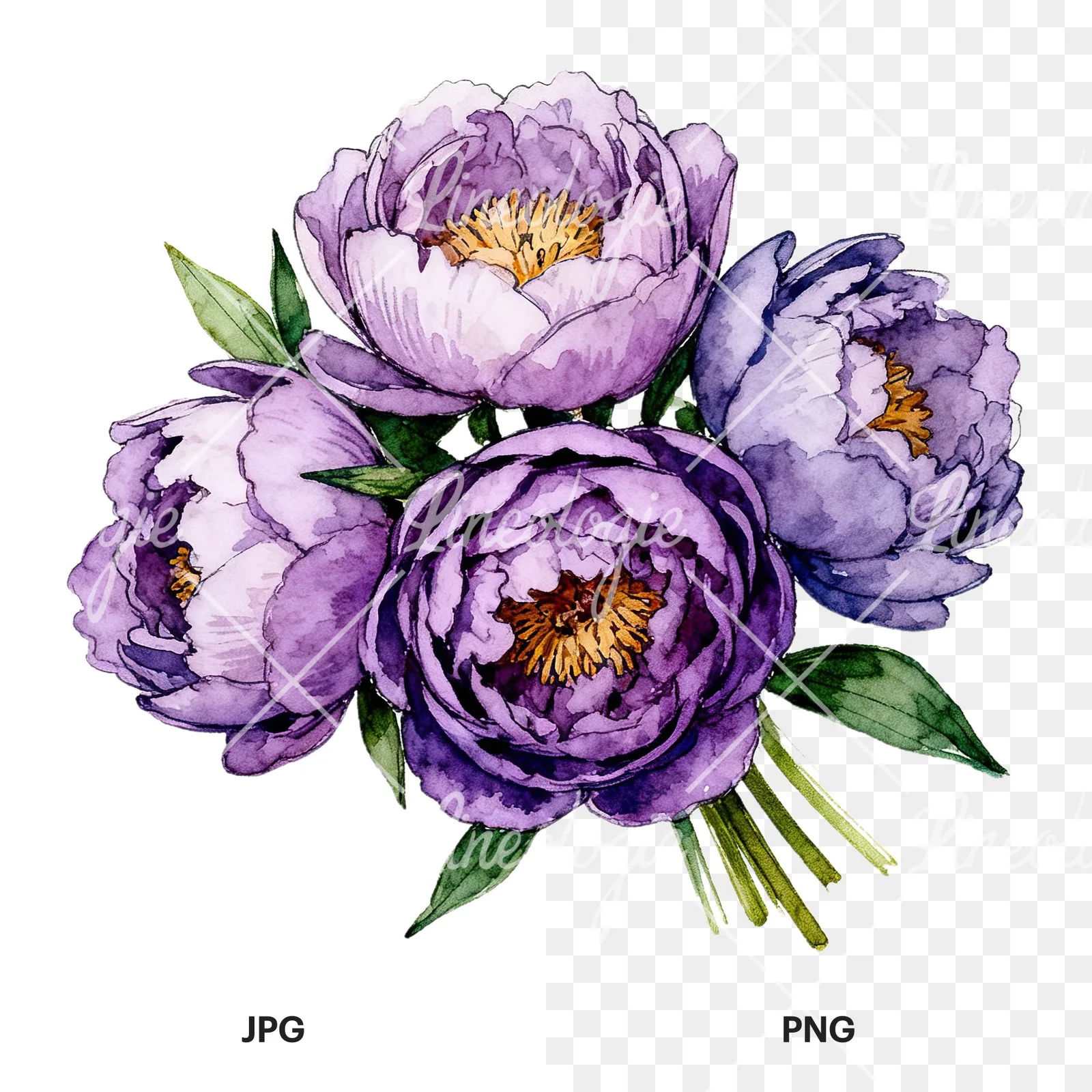 Watercolor purple peony bouquet with buds clipart 2 of 6, as a JPG on white and a transparent PNG