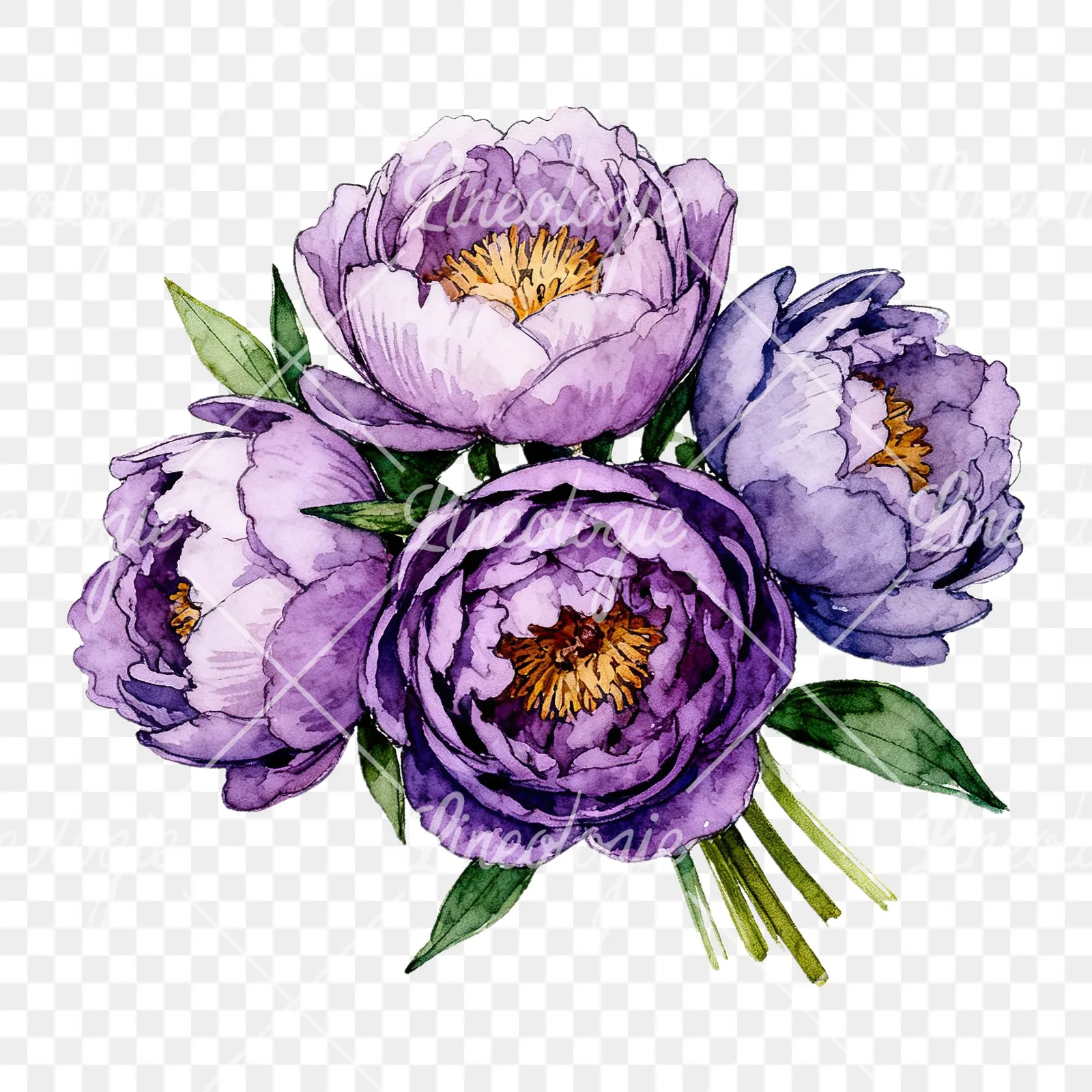 Watercolor purple peony bouquet with buds clipart 2 of 6 on a transparent background (PNG)
