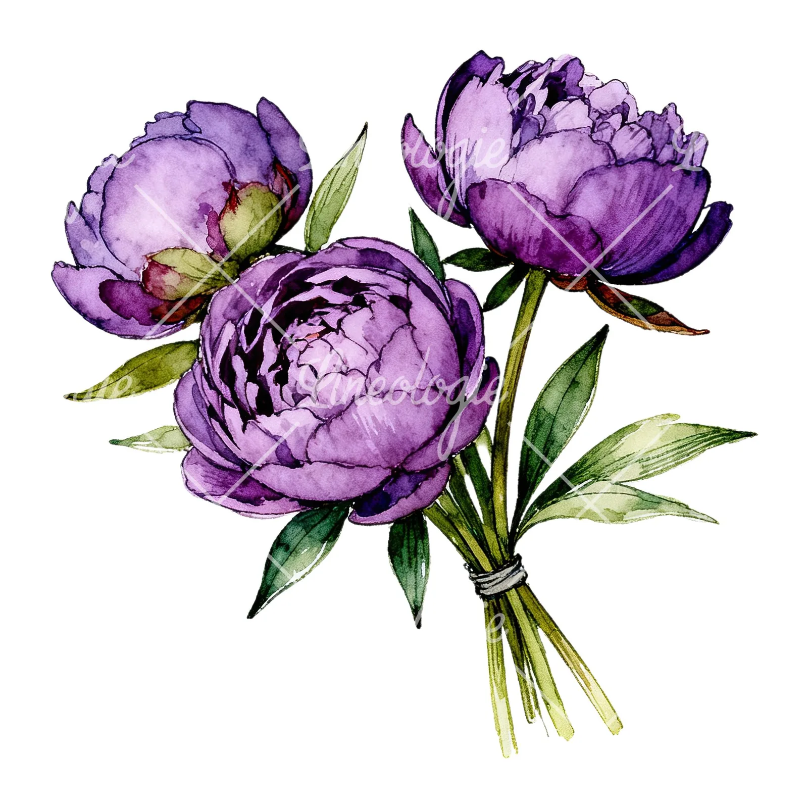Watercolor purple peony bouquet with buds clipart 3 of 6 on a white background (JPG)