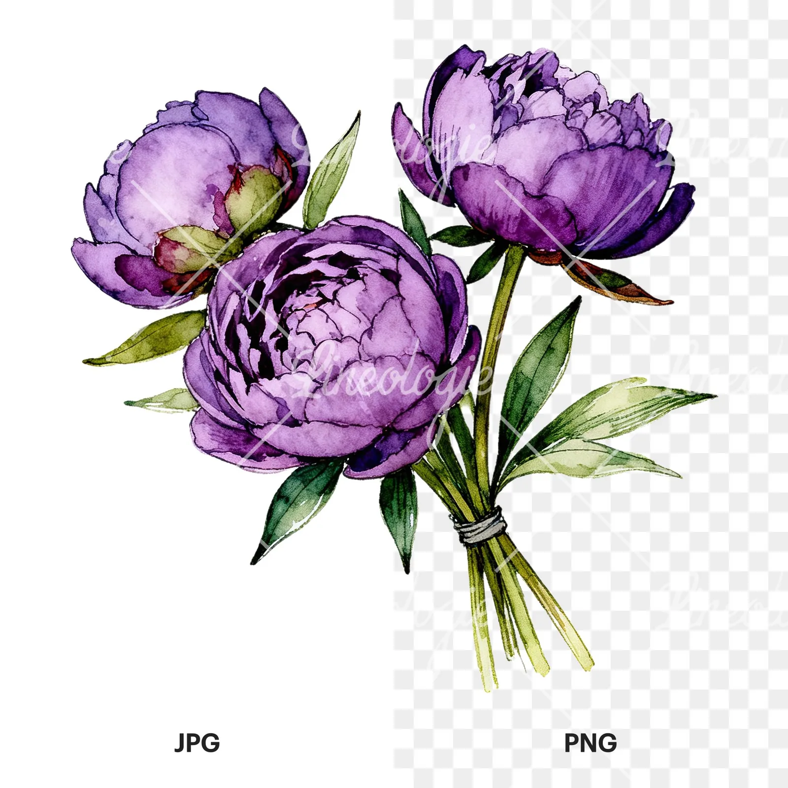 Watercolor purple peony bouquet with buds clipart 3 of 6, as a JPG on white and a transparent PNG