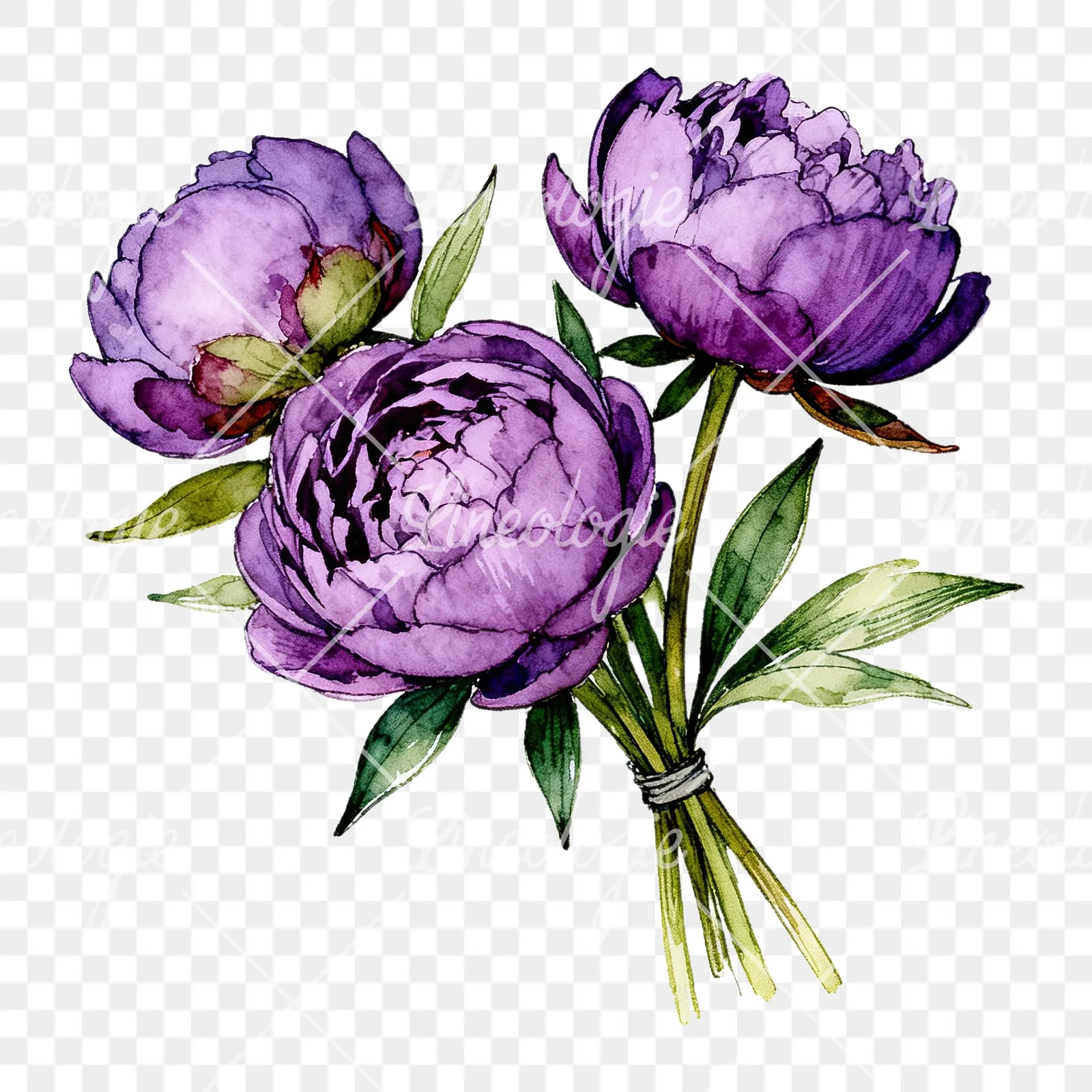 Watercolor purple peony bouquet with buds clipart 3 of 6 on a transparent background (PNG)