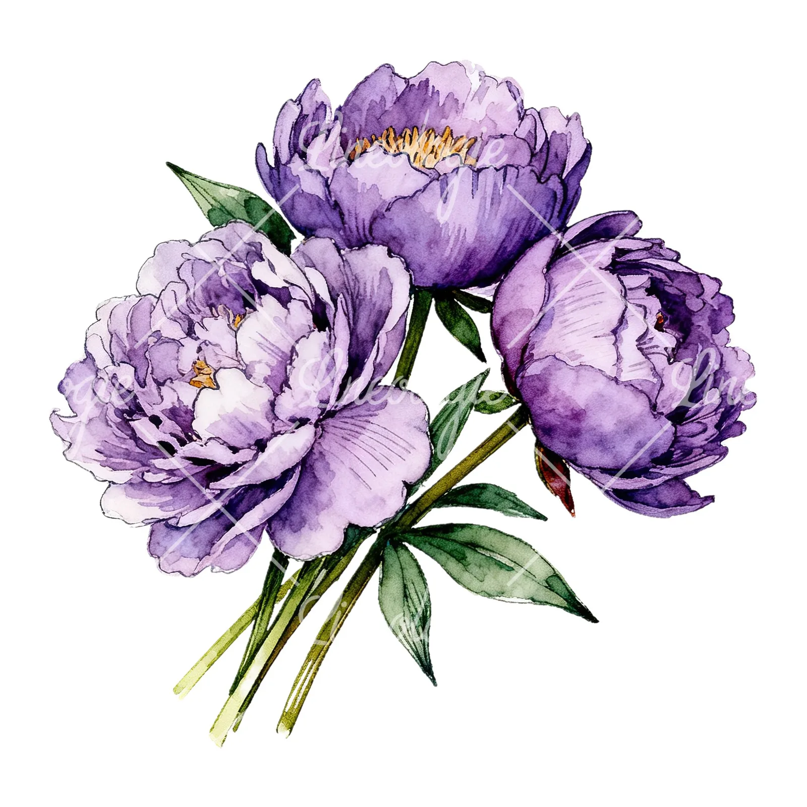 Watercolor purple peony bouquet with buds clipart 4 of 6 on a white background (JPG)