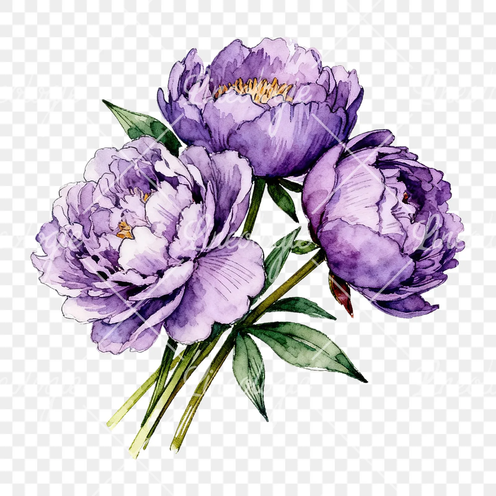 Watercolor purple peony bouquet with buds clipart 4 of 6 on a transparent background (PNG)
