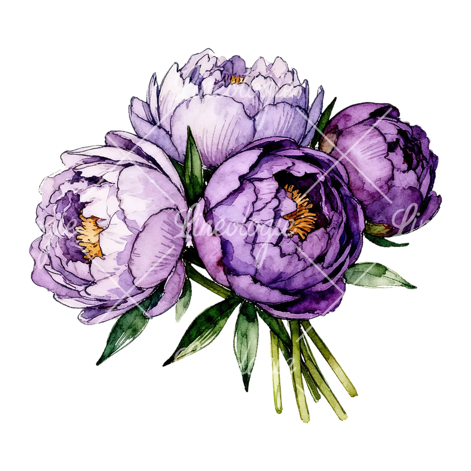 Watercolor purple peony bouquet with buds clipart 5 of 6 on a white background (JPG)