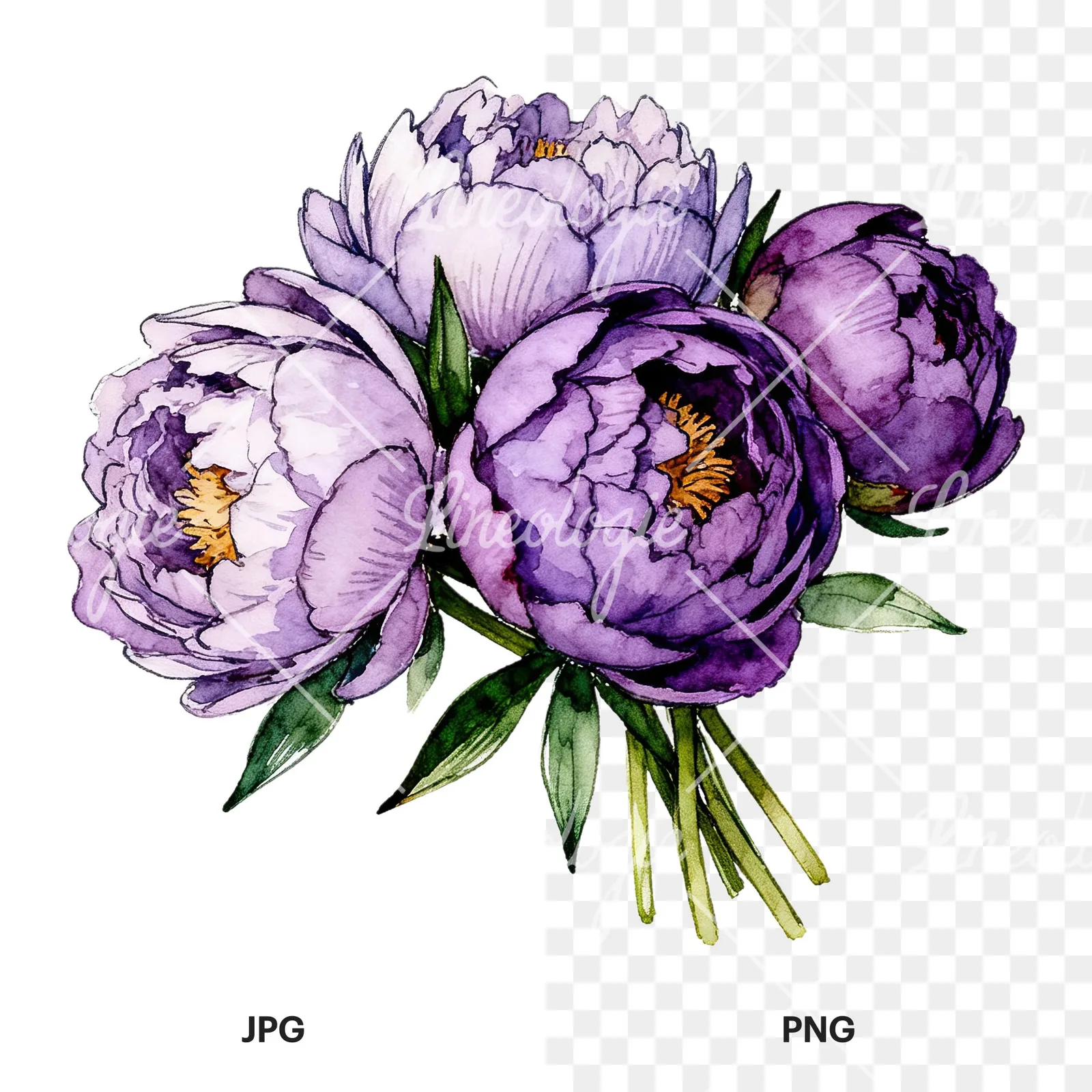 Watercolor purple peony bouquet with buds clipart 5 of 6, as a JPG on white and a transparent PNG