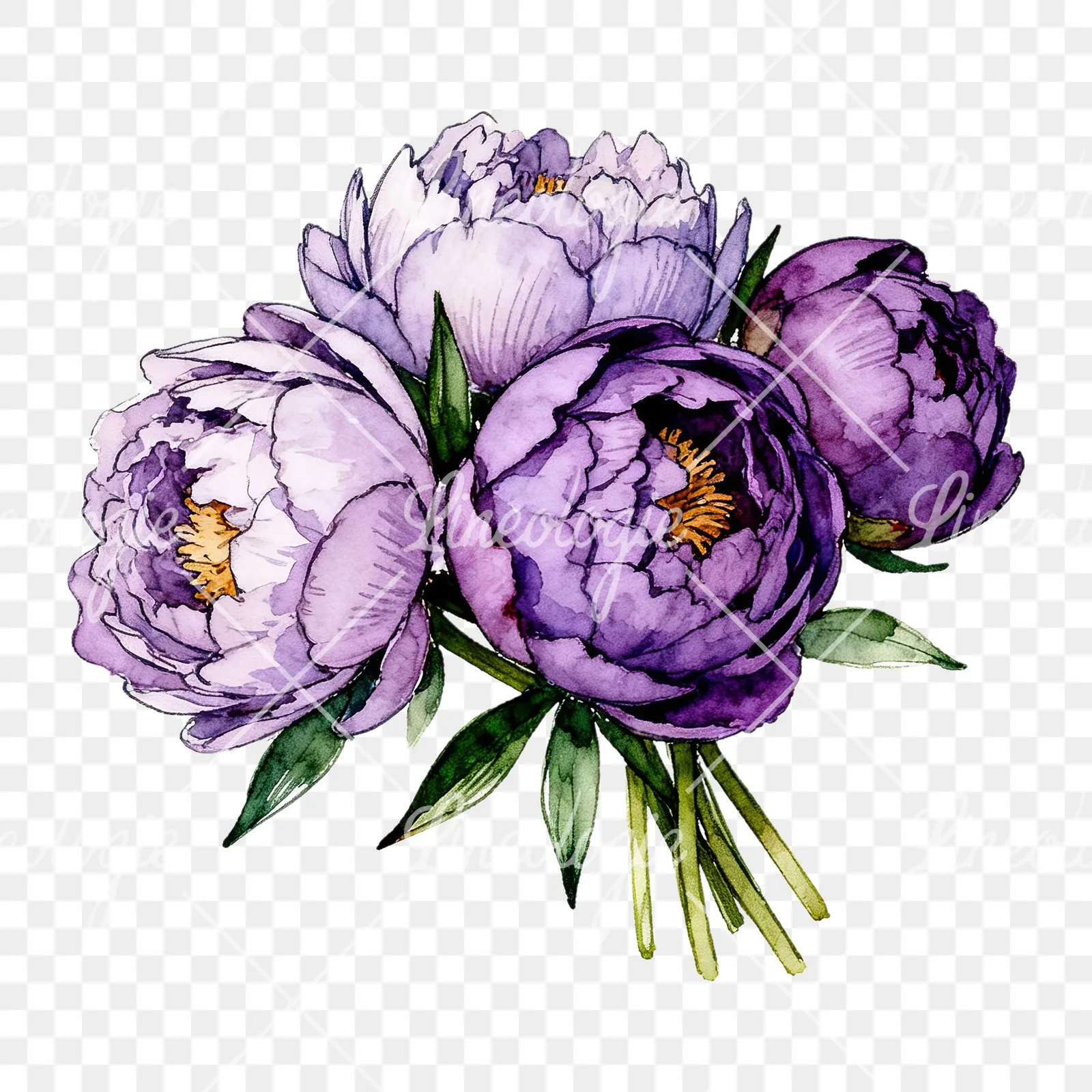 Watercolor purple peony bouquet with buds clipart 5 of 6 on a transparent background (PNG)