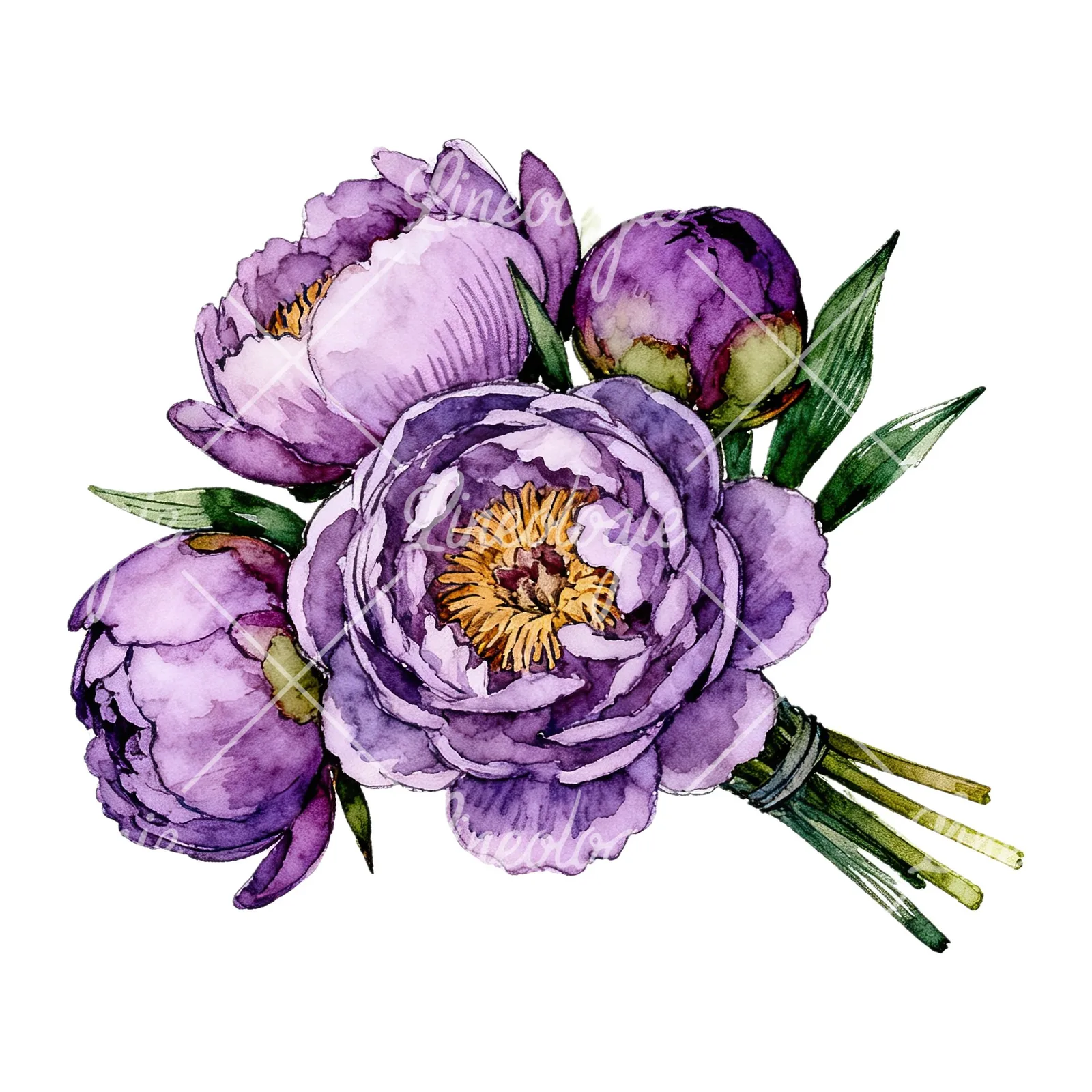 Watercolor purple peony bouquet with buds clipart 6 of 6 on a white background (JPG)