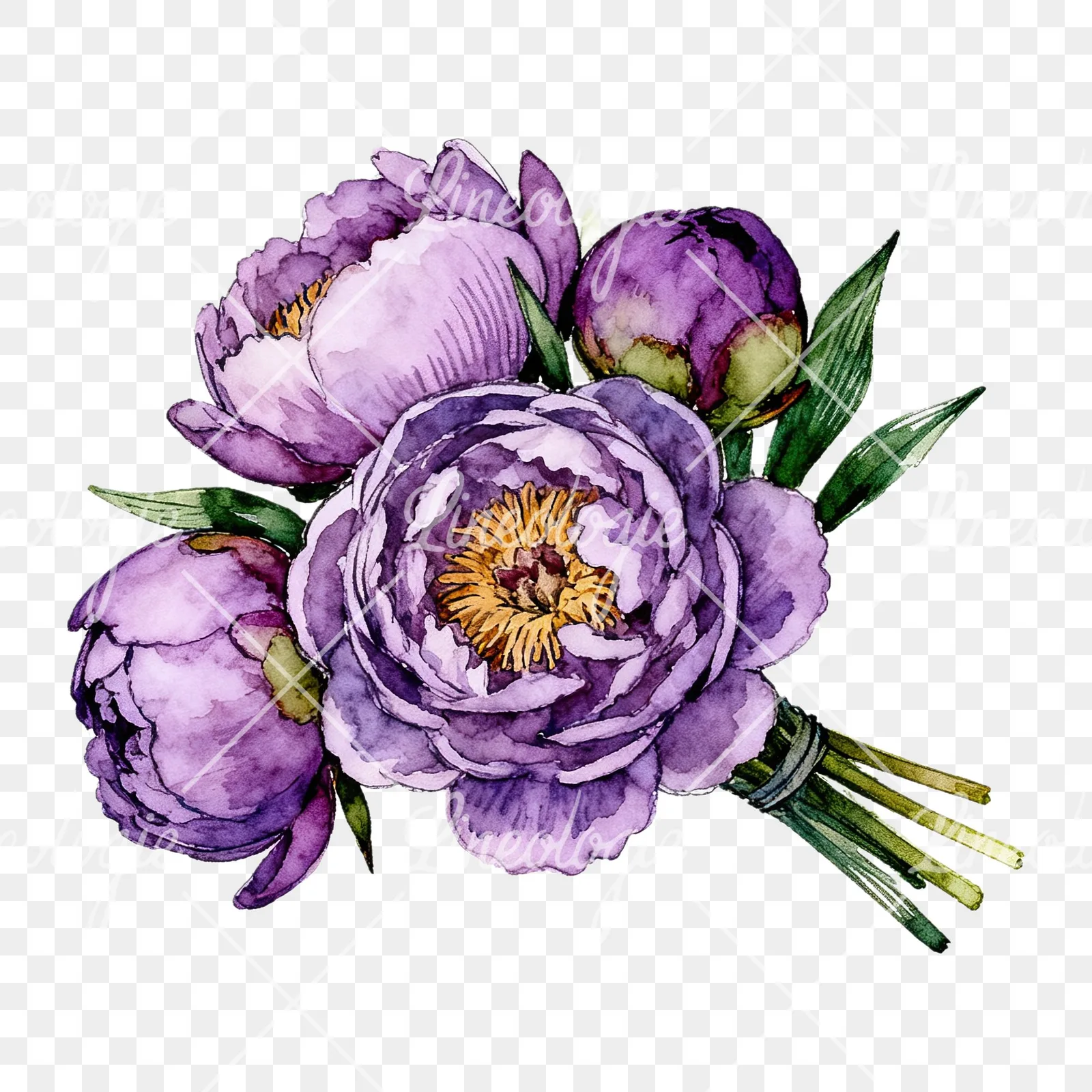 Watercolor purple peony bouquet with buds clipart 6 of 6 on a transparent background (PNG)