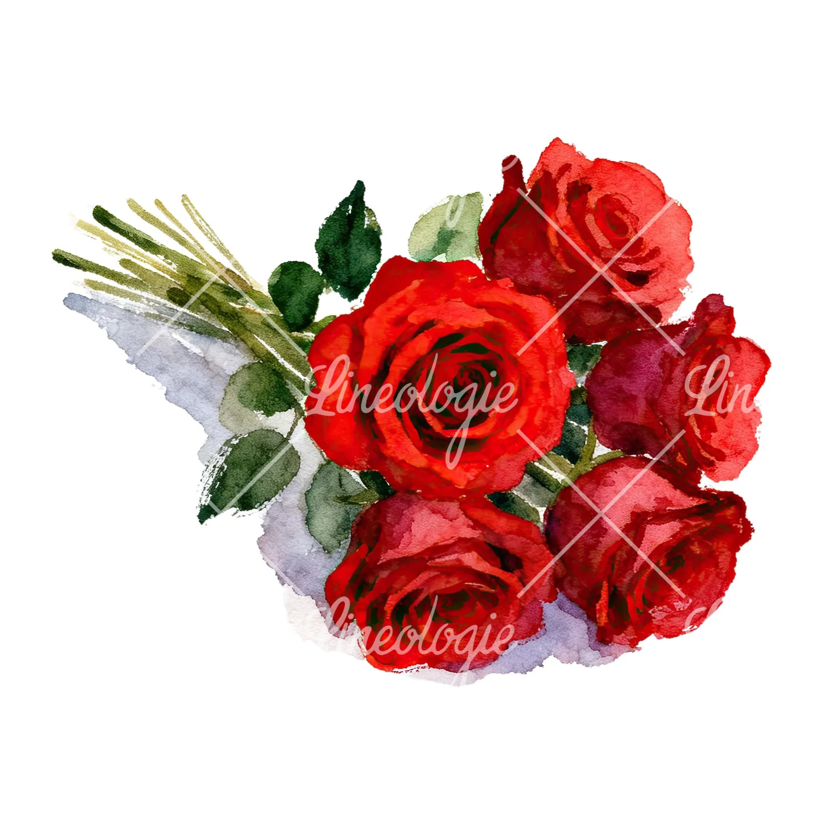 Watercolor red rose bouquet with greenery clipart 1 of 6 on a white background (JPG)
