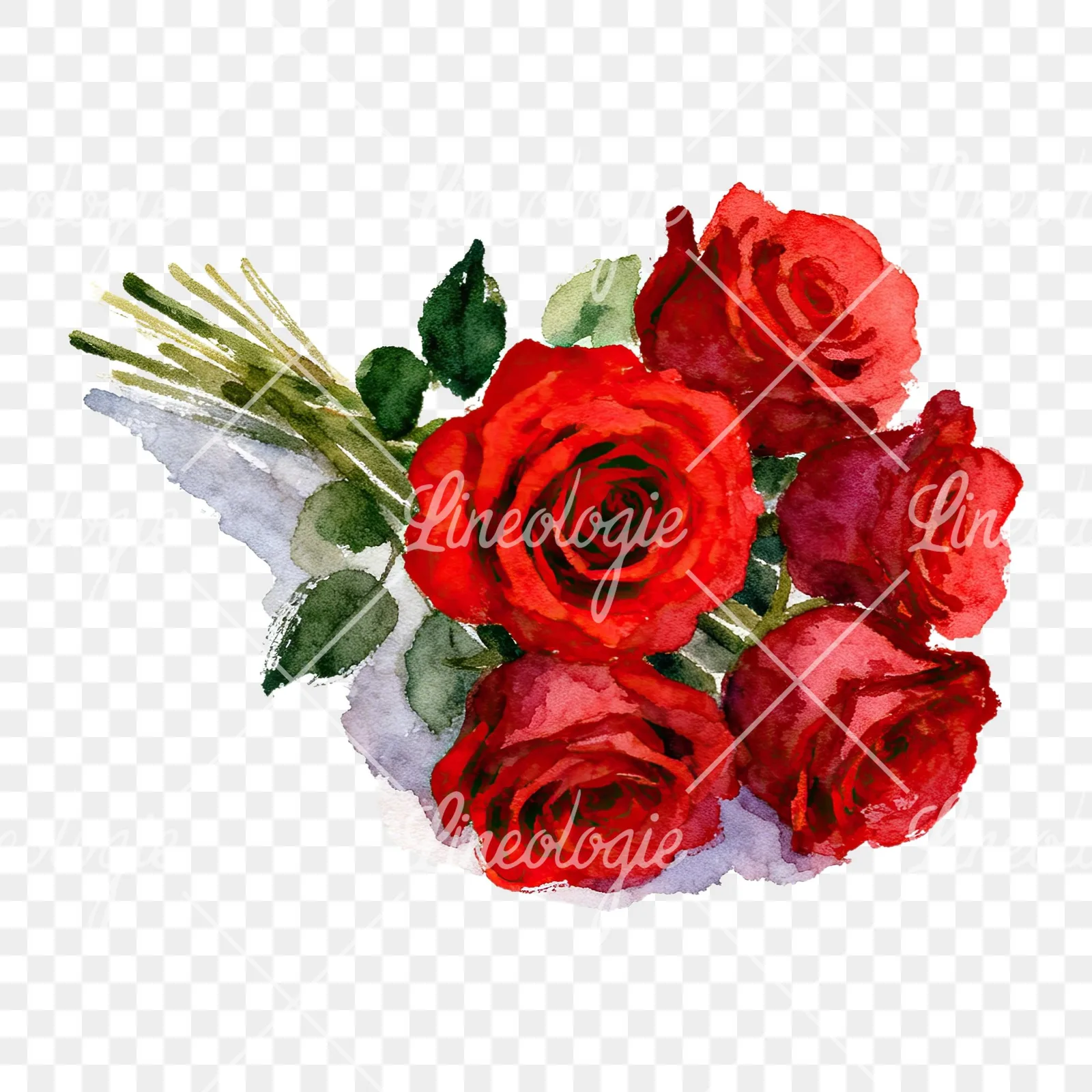 Watercolor red rose bouquet with greenery clipart 1 of 6 on a transparent background (PNG)