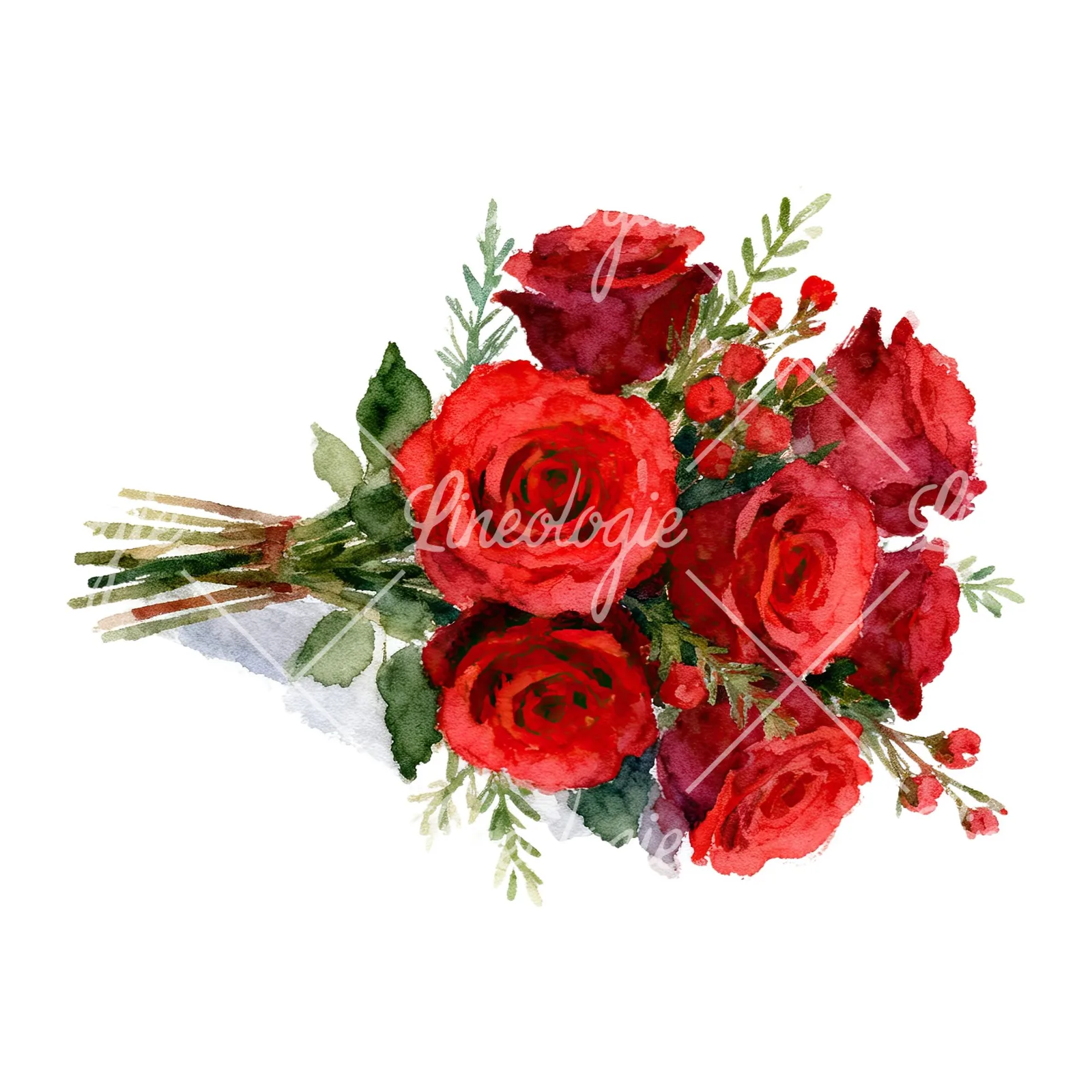 Watercolor red rose bouquet with greenery clipart 2 of 6 on a white background (JPG)