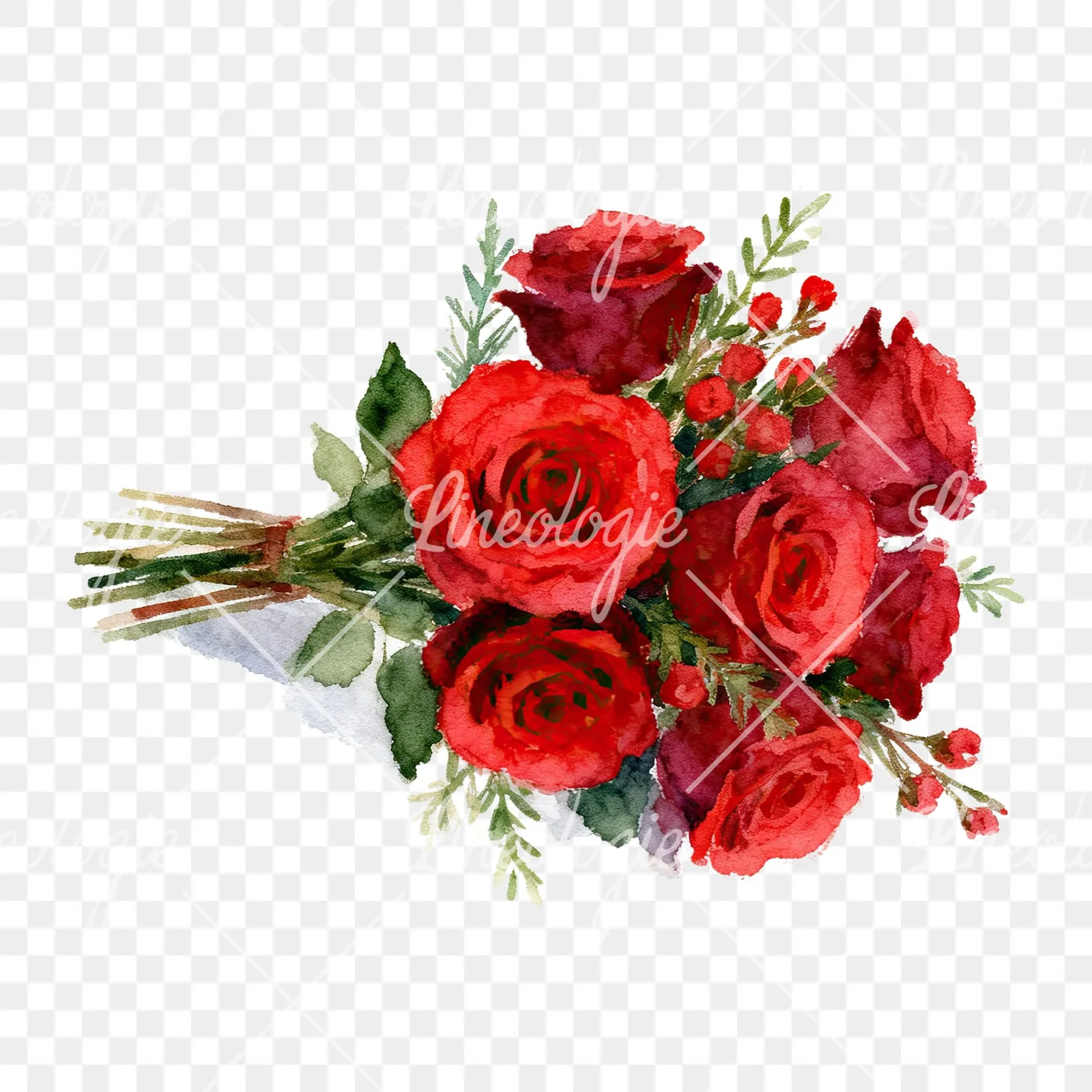 Watercolor red rose bouquet with greenery clipart 2 of 6 on a transparent background (PNG)