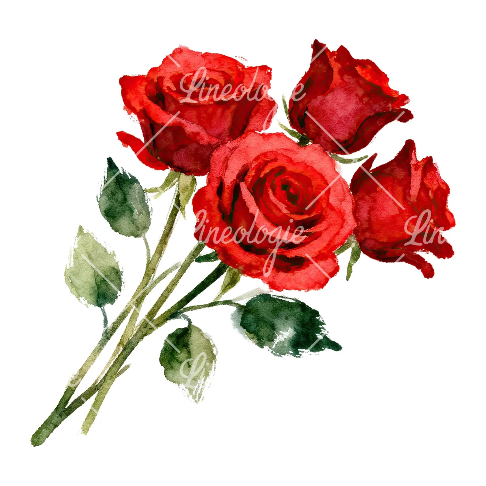 Watercolor red rose bouquet with greenery clipart 3 of 6 on a white background (JPG)