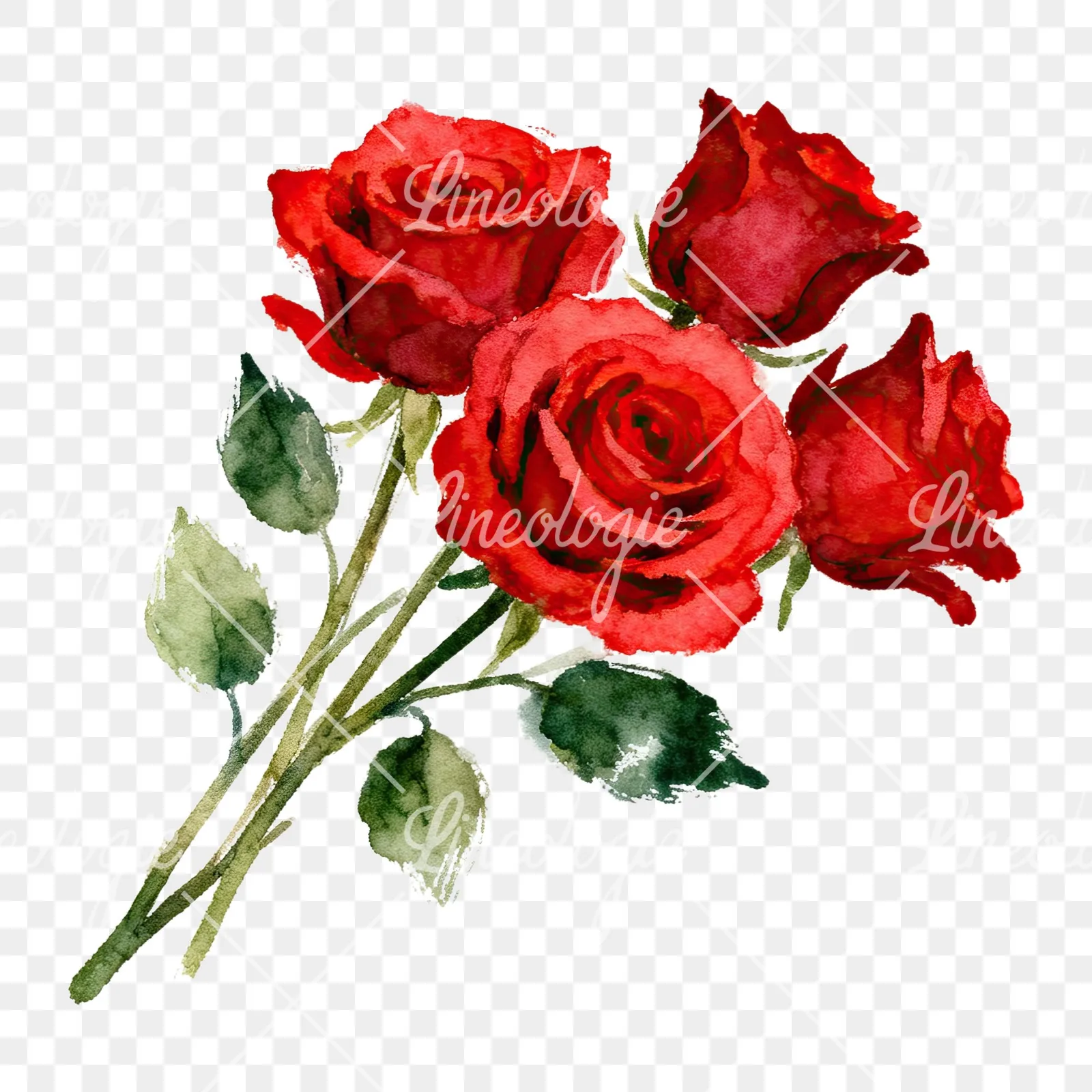 Watercolor red rose bouquet with greenery clipart 3 of 6 on a transparent background (PNG)
