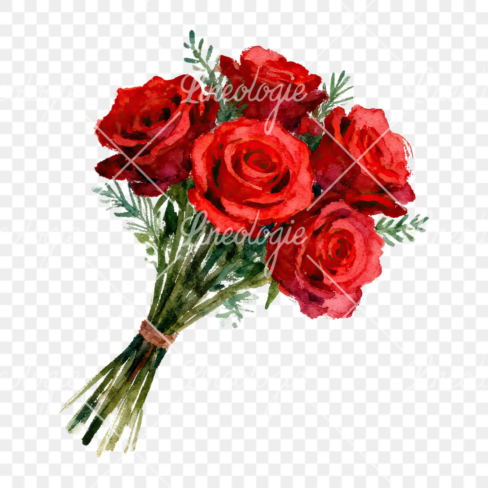 Watercolor red rose bouquet with greenery clipart 4 of 6 on a transparent background (PNG)