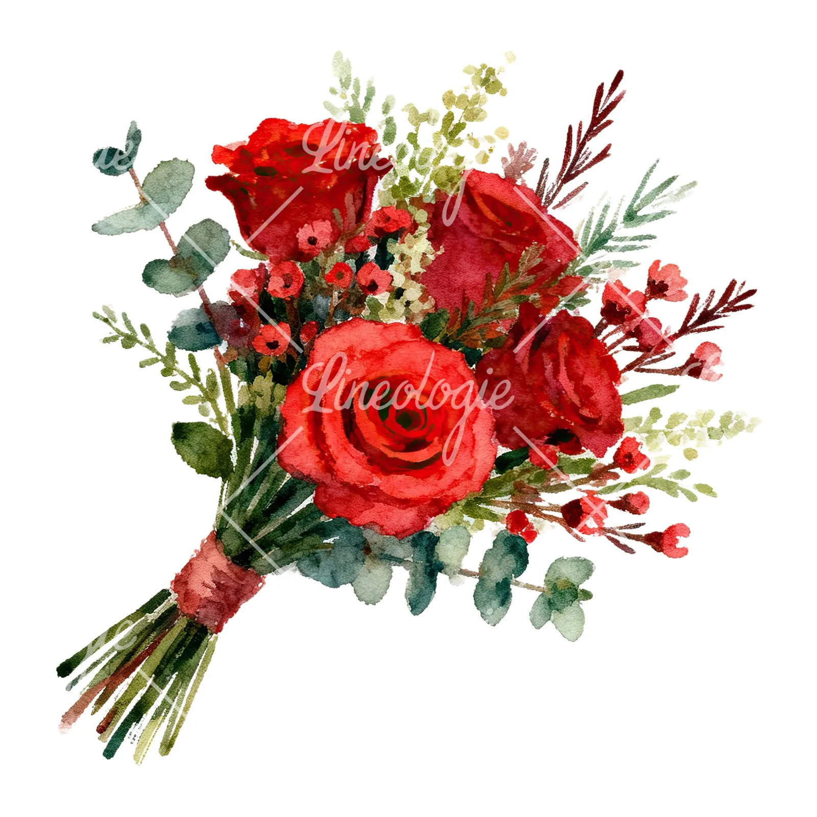Watercolor red rose bouquet with greenery clipart 5 of 6 on a white background (JPG)