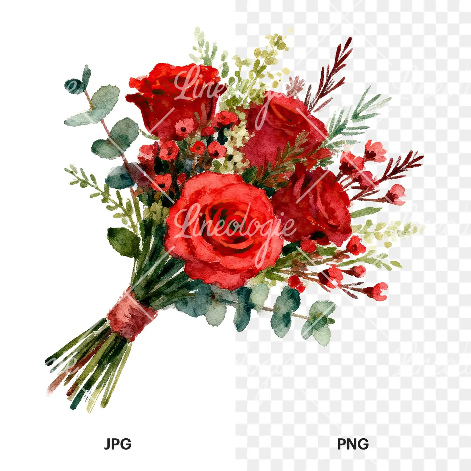Watercolor red rose bouquet with greenery clipart 5 of 6, as a JPG on white and a transparent PNG