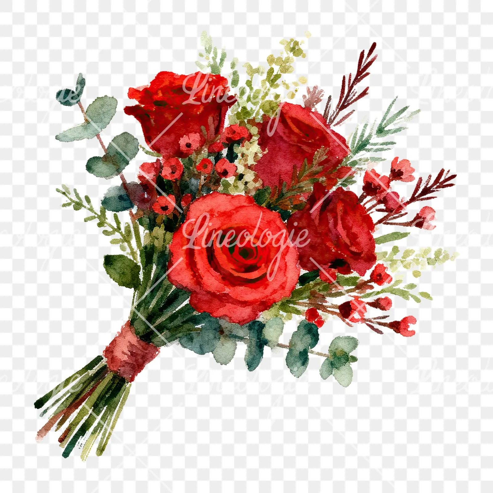 Watercolor red rose bouquet with greenery clipart 5 of 6 on a transparent background (PNG)