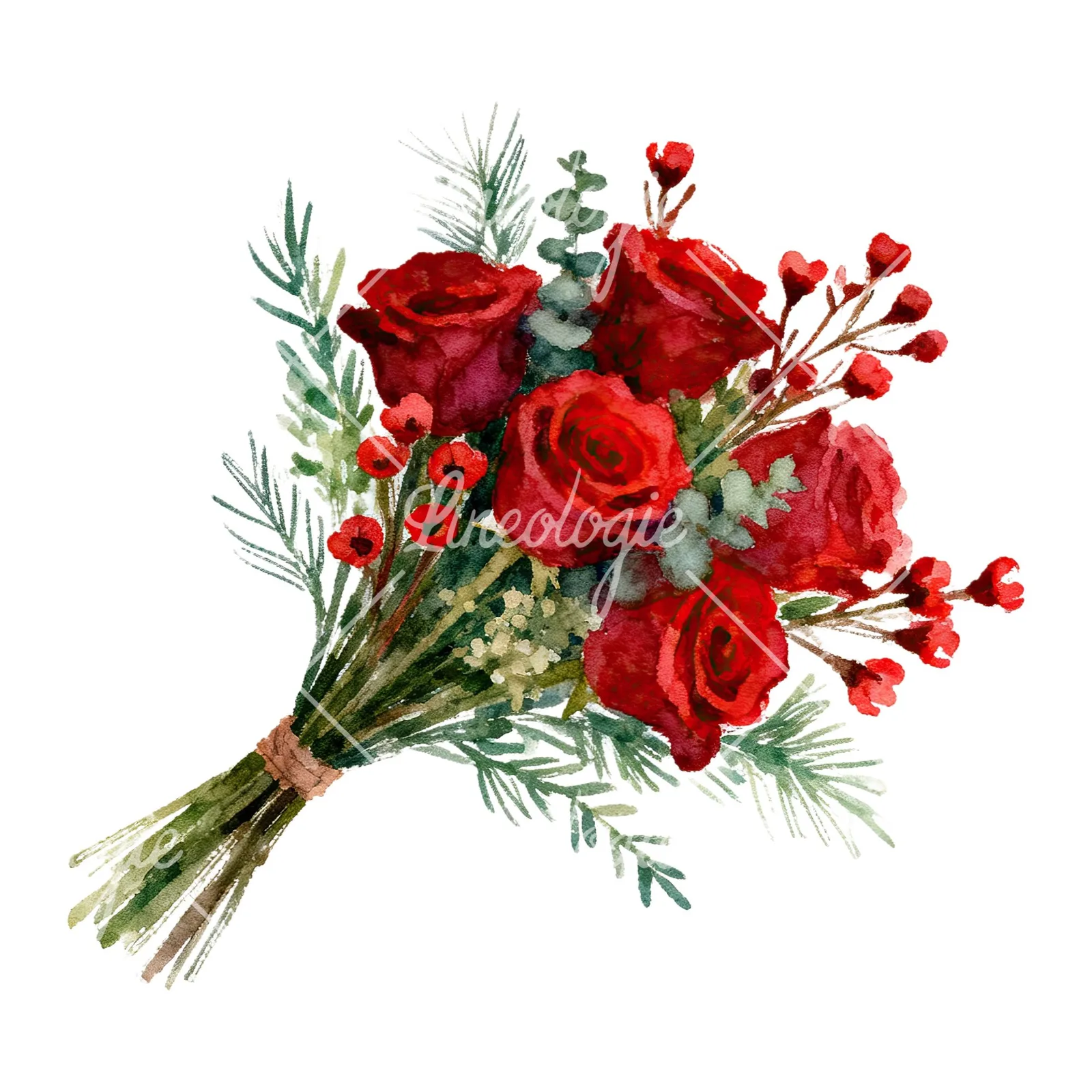 Watercolor red rose bouquet with greenery clipart 6 of 6 on a white background (JPG)