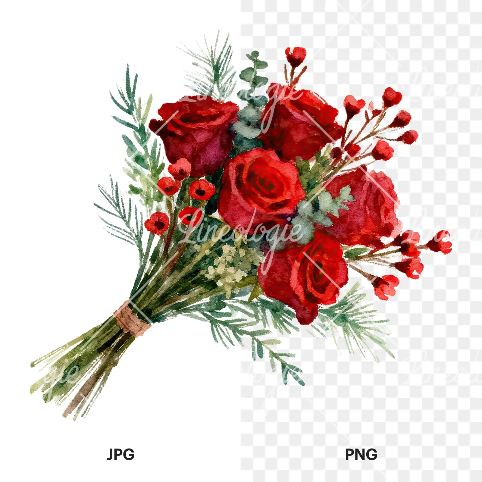 Watercolor red rose bouquet with greenery clipart 6 of 6, as a JPG on white and a transparent PNG