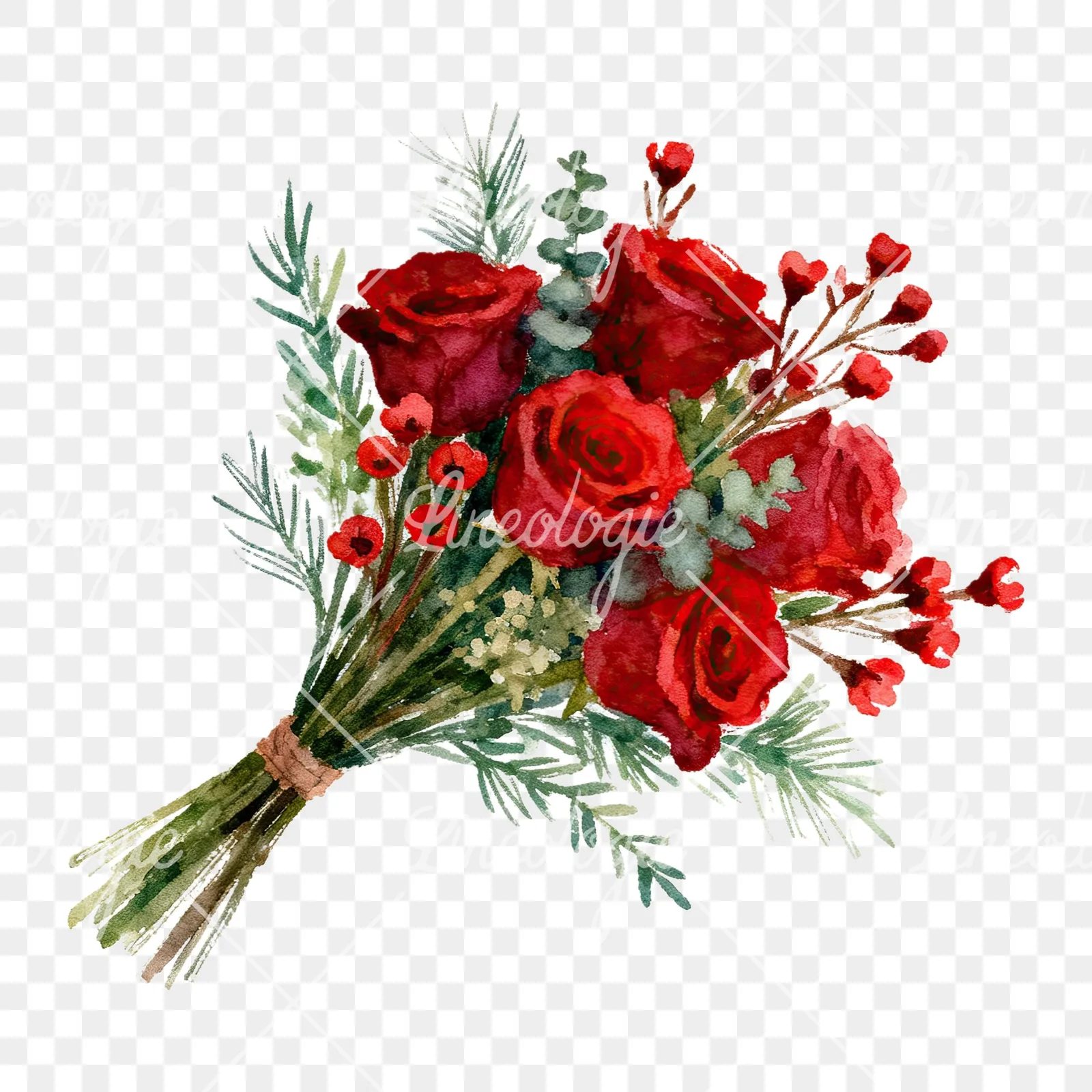 Watercolor red rose bouquet with greenery clipart 6 of 6 on a transparent background (PNG)