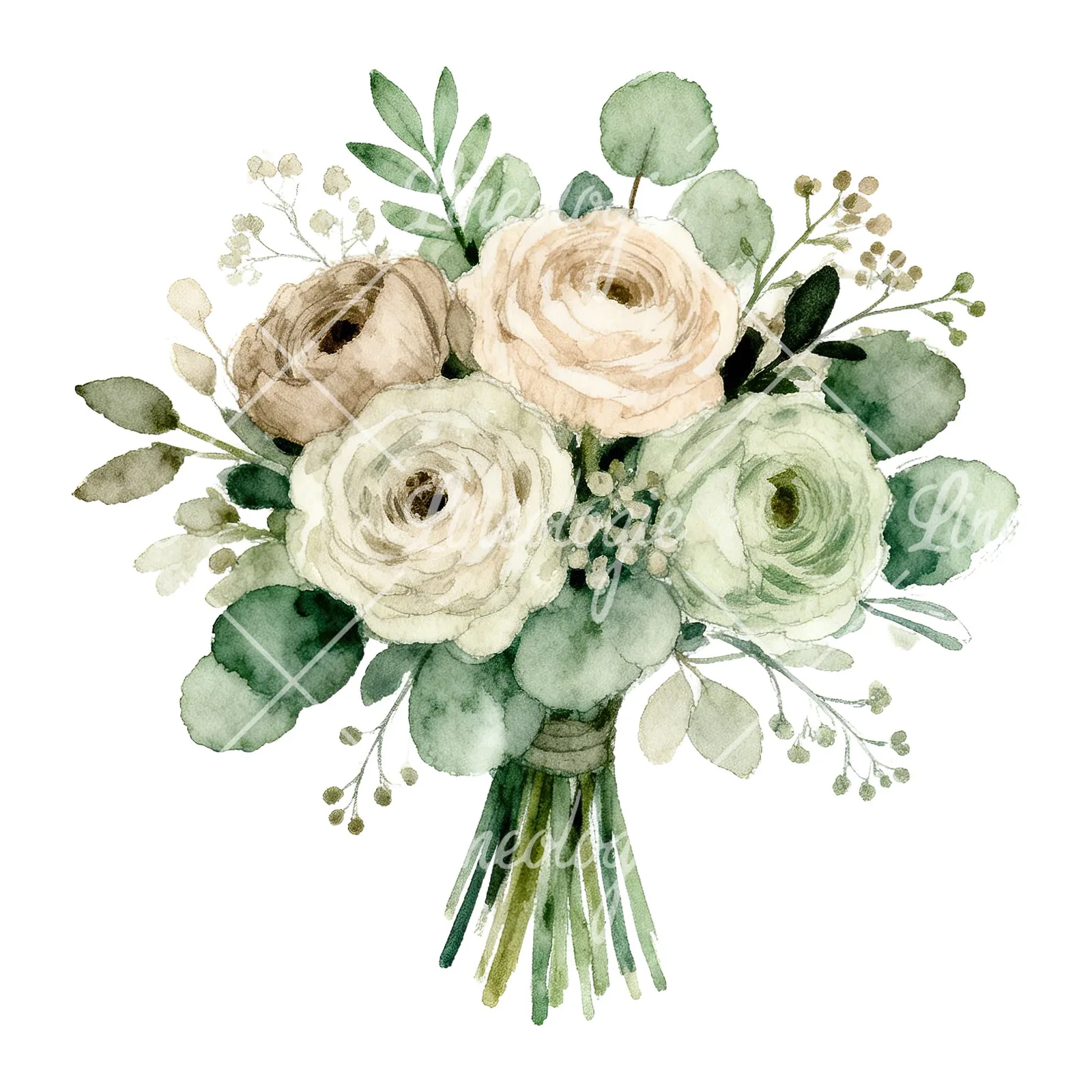 Watercolor sage green and nude wedding bouquet clipart 1 of 8 on a white background (JPG)