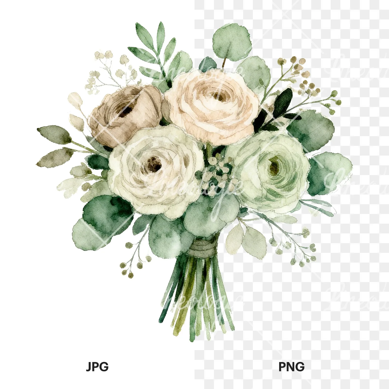 Watercolor sage green and nude wedding bouquet clipart 1 of 8, as a JPG on white and a transparent PNG