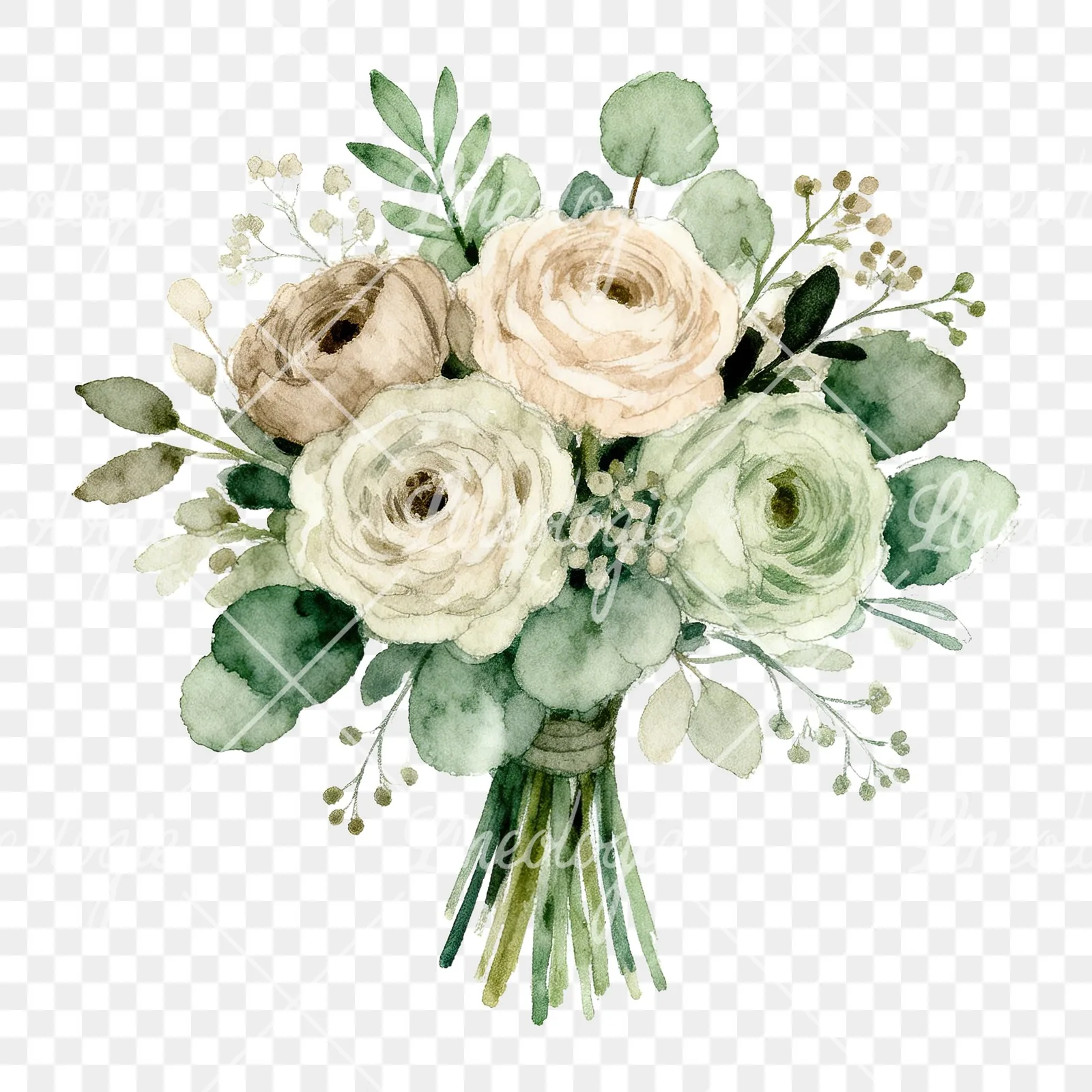 Watercolor sage green and nude wedding bouquet clipart 1 of 8 on a transparent background (PNG)