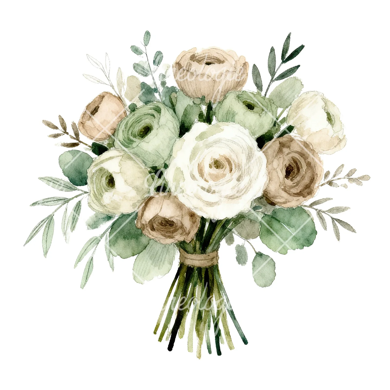 Watercolor sage green and nude wedding bouquet clipart 2 of 8 on a white background (JPG)
