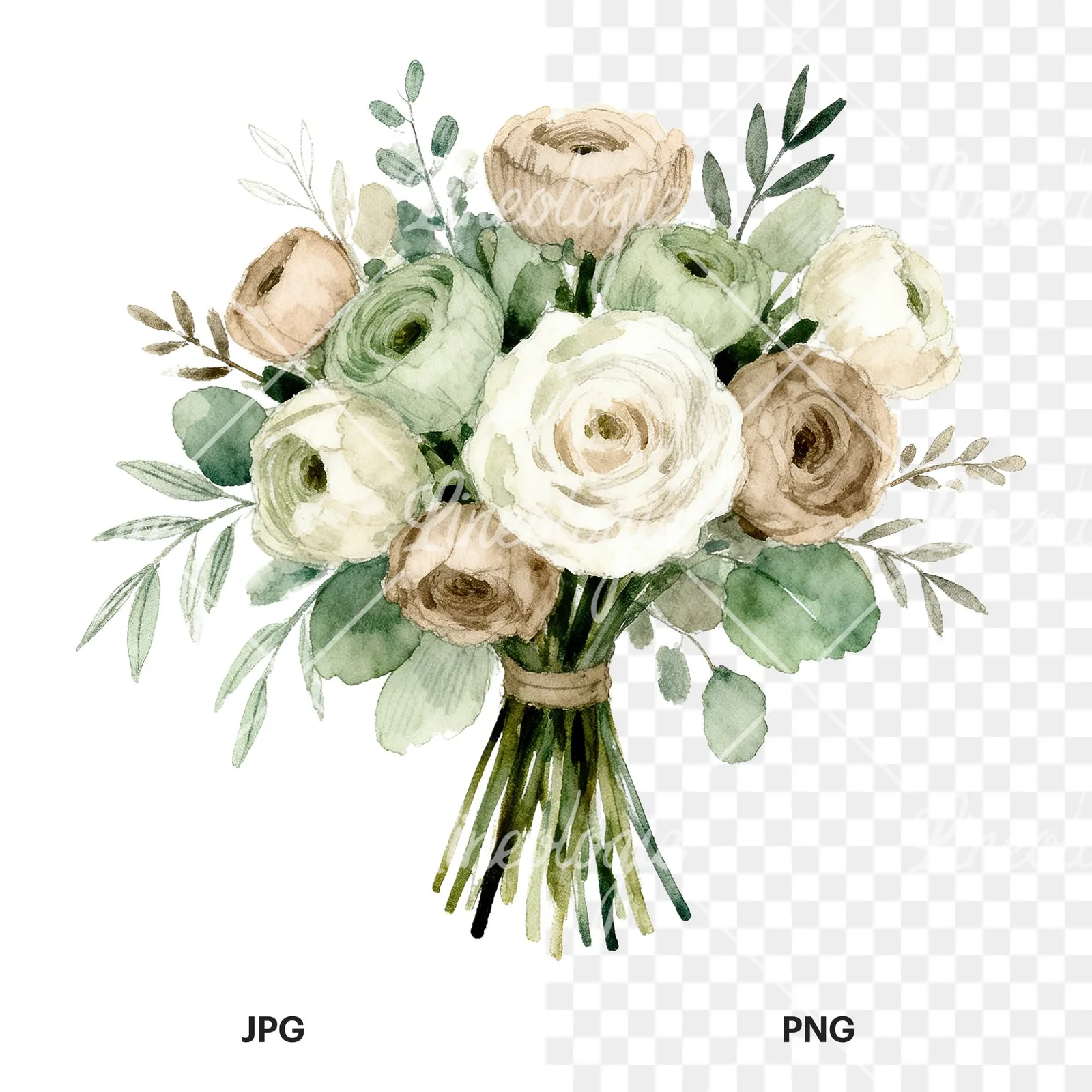 Watercolor sage green and nude wedding bouquet clipart 2 of 8, as a JPG on white and a transparent PNG