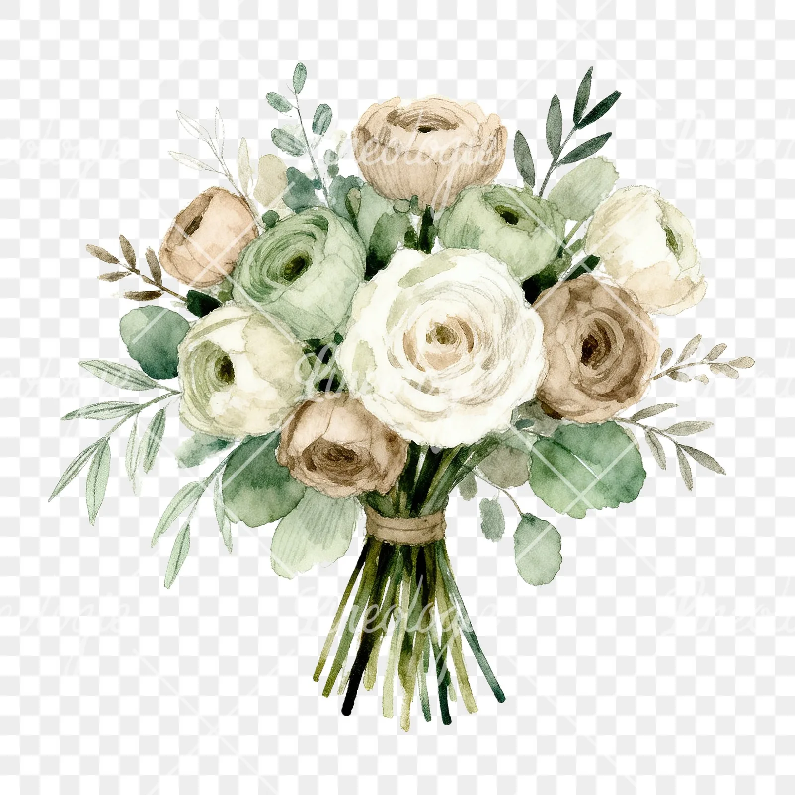 Watercolor sage green and nude wedding bouquet clipart 2 of 8 on a transparent background (PNG)