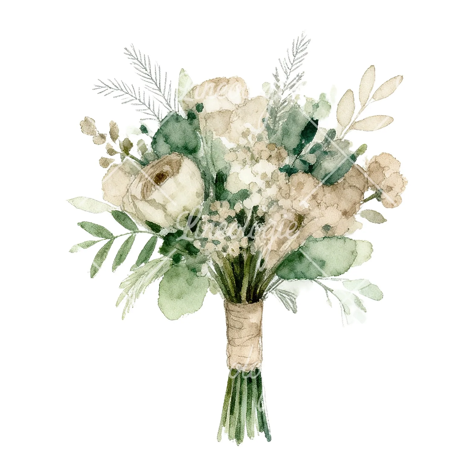 Watercolor sage green and nude wedding bouquet clipart 3 of 8 on a white background (JPG)