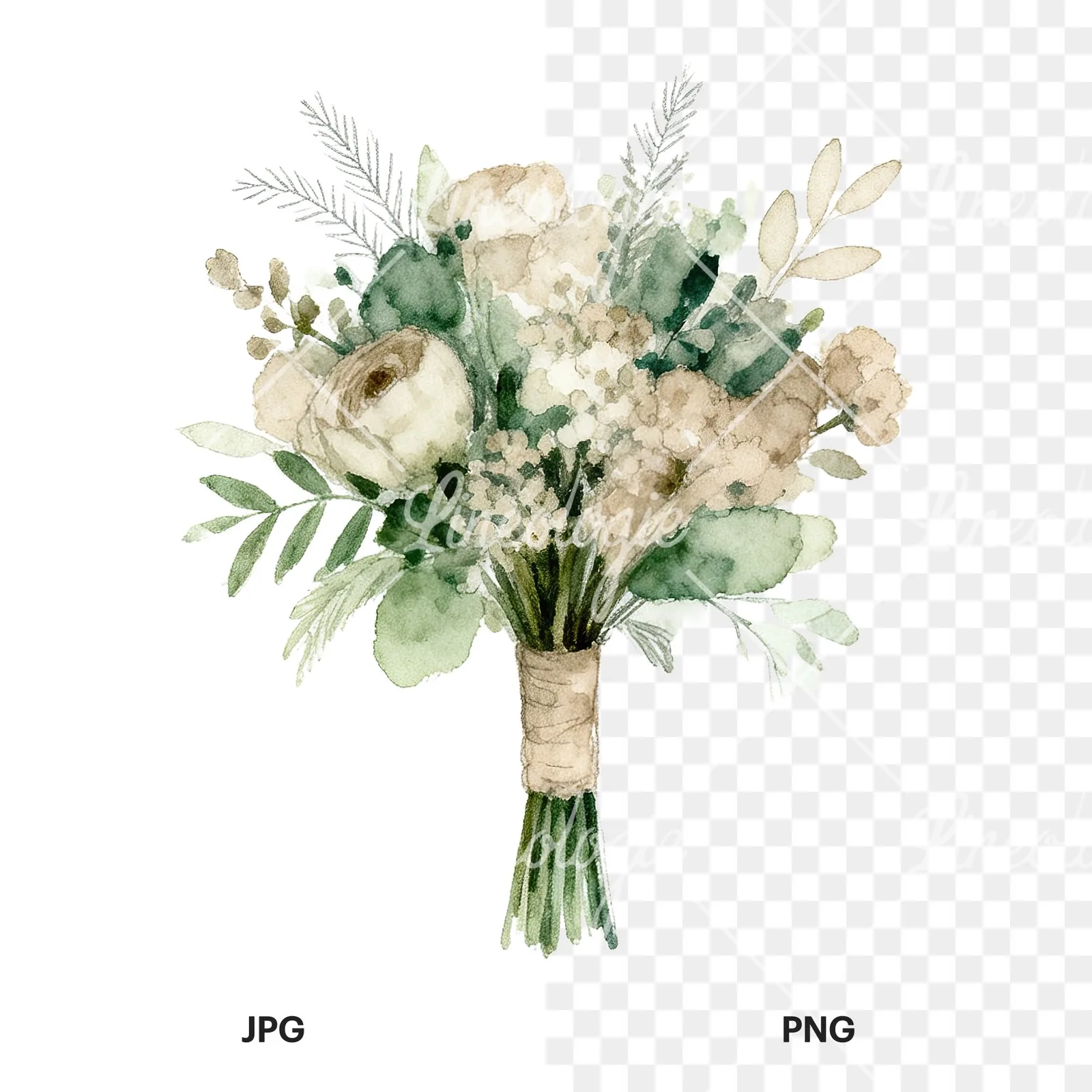 Watercolor sage green and nude wedding bouquet clipart 3 of 8, as a JPG on white and a transparent PNG