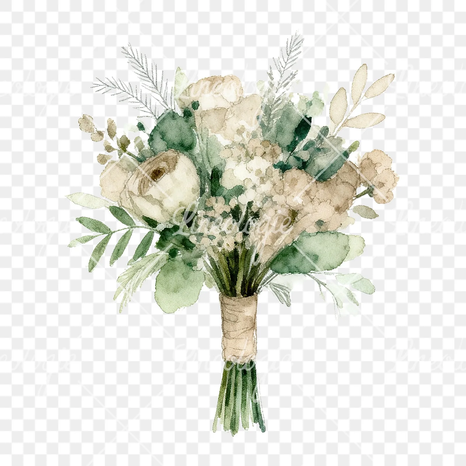 Watercolor sage green and nude wedding bouquet clipart 3 of 8 on a transparent background (PNG)