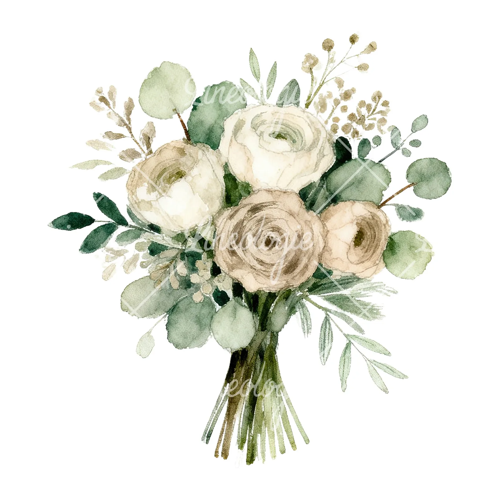 Watercolor sage green and nude wedding bouquet clipart 4 of 8 on a white background (JPG)