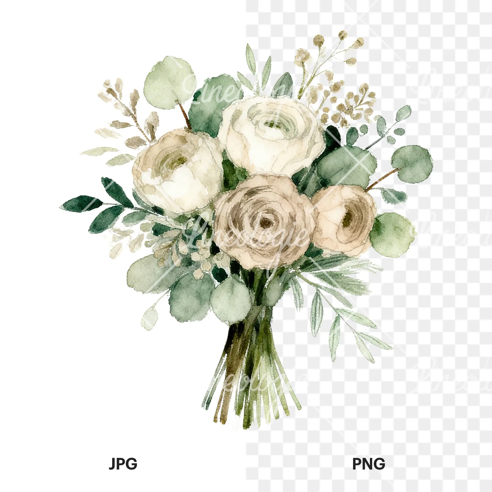 Watercolor sage green and nude wedding bouquet clipart 4 of 8, as a JPG on white and a transparent PNG
