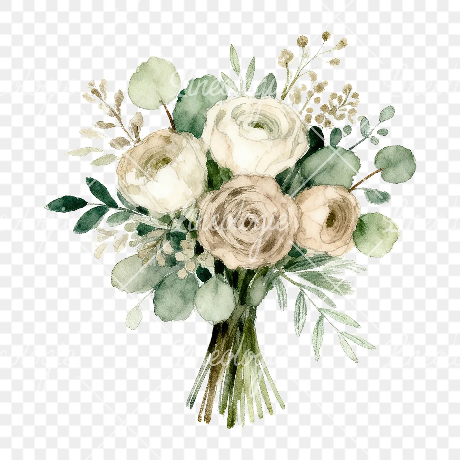 Watercolor sage green and nude wedding bouquet clipart 4 of 8 on a transparent background (PNG)
