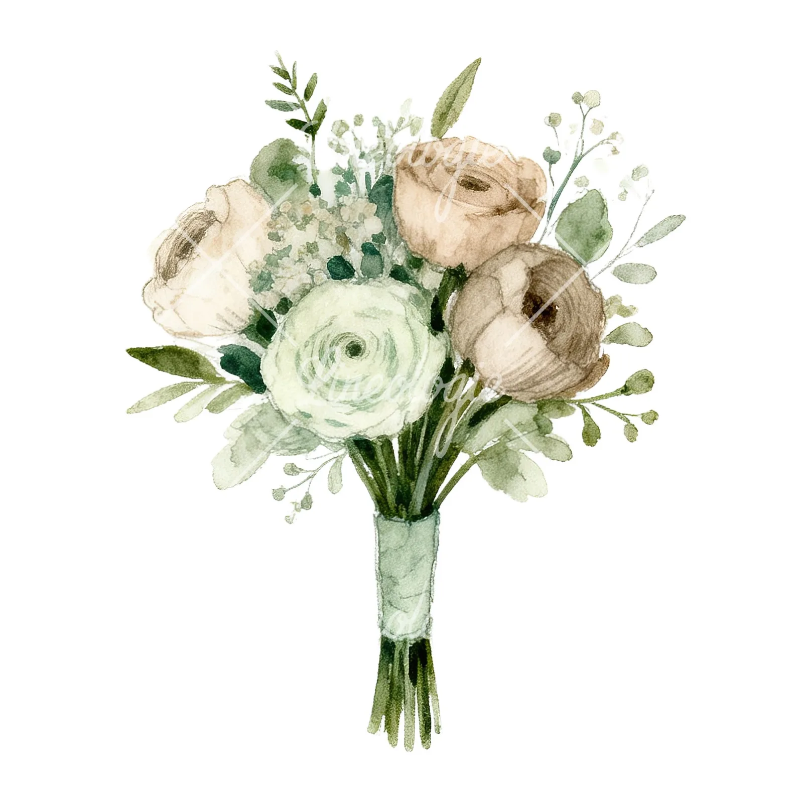 Watercolor sage green and nude wedding bouquet clipart 5 of 8 on a white background (JPG)