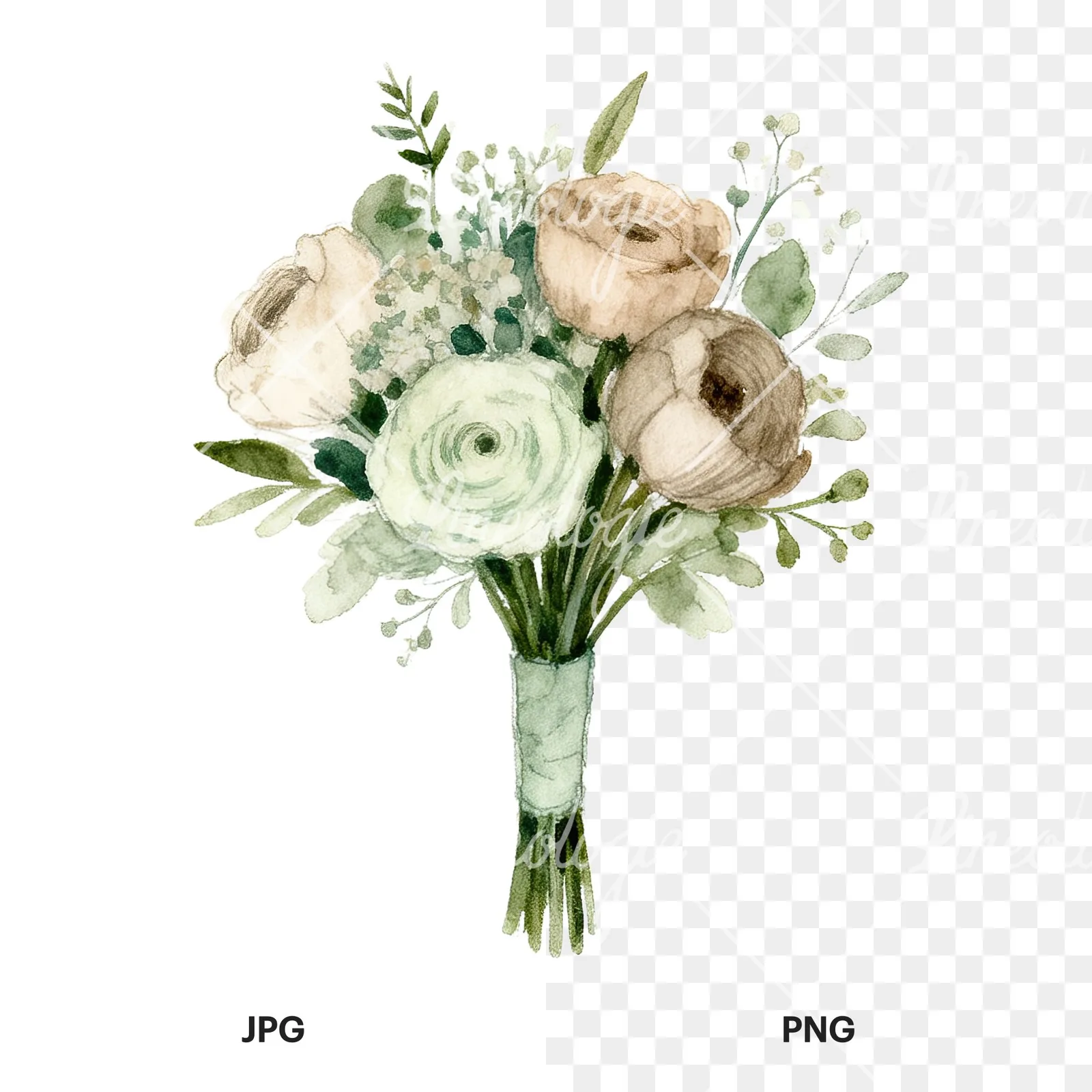 Watercolor sage green and nude wedding bouquet clipart 5 of 8, as a JPG on white and a transparent PNG