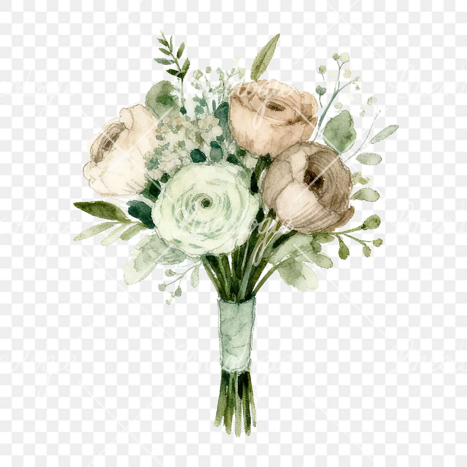Watercolor sage green and nude wedding bouquet clipart 5 of 8 on a transparent background (PNG)