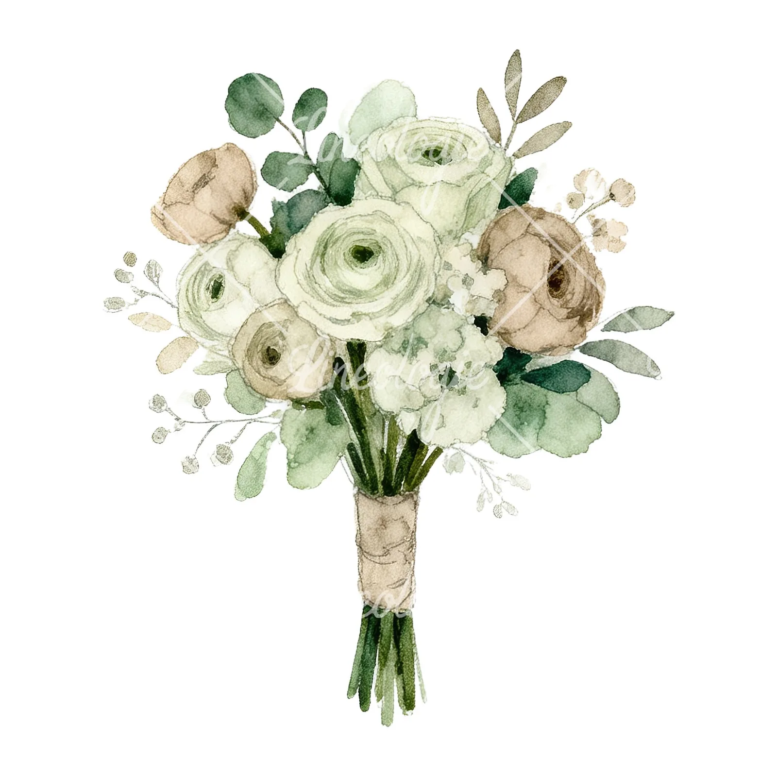 Watercolor sage green and nude wedding bouquet clipart 6 of 8 on a white background (JPG)
