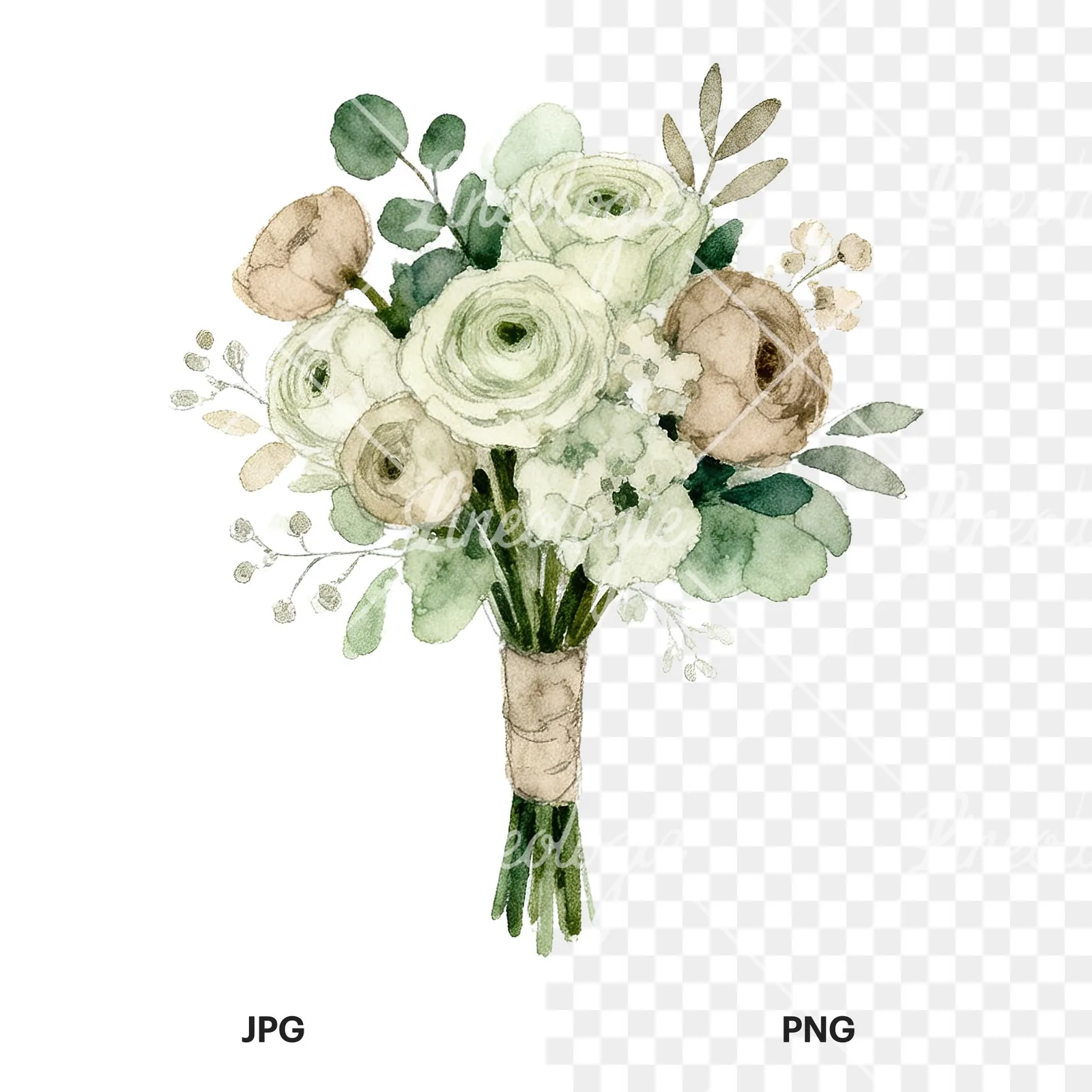 Watercolor sage green and nude wedding bouquet clipart 6 of 8, as a JPG on white and a transparent PNG