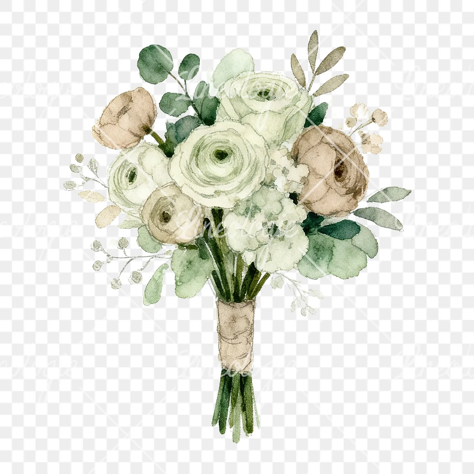 Watercolor sage green and nude wedding bouquet clipart 6 of 8 on a transparent background (PNG)