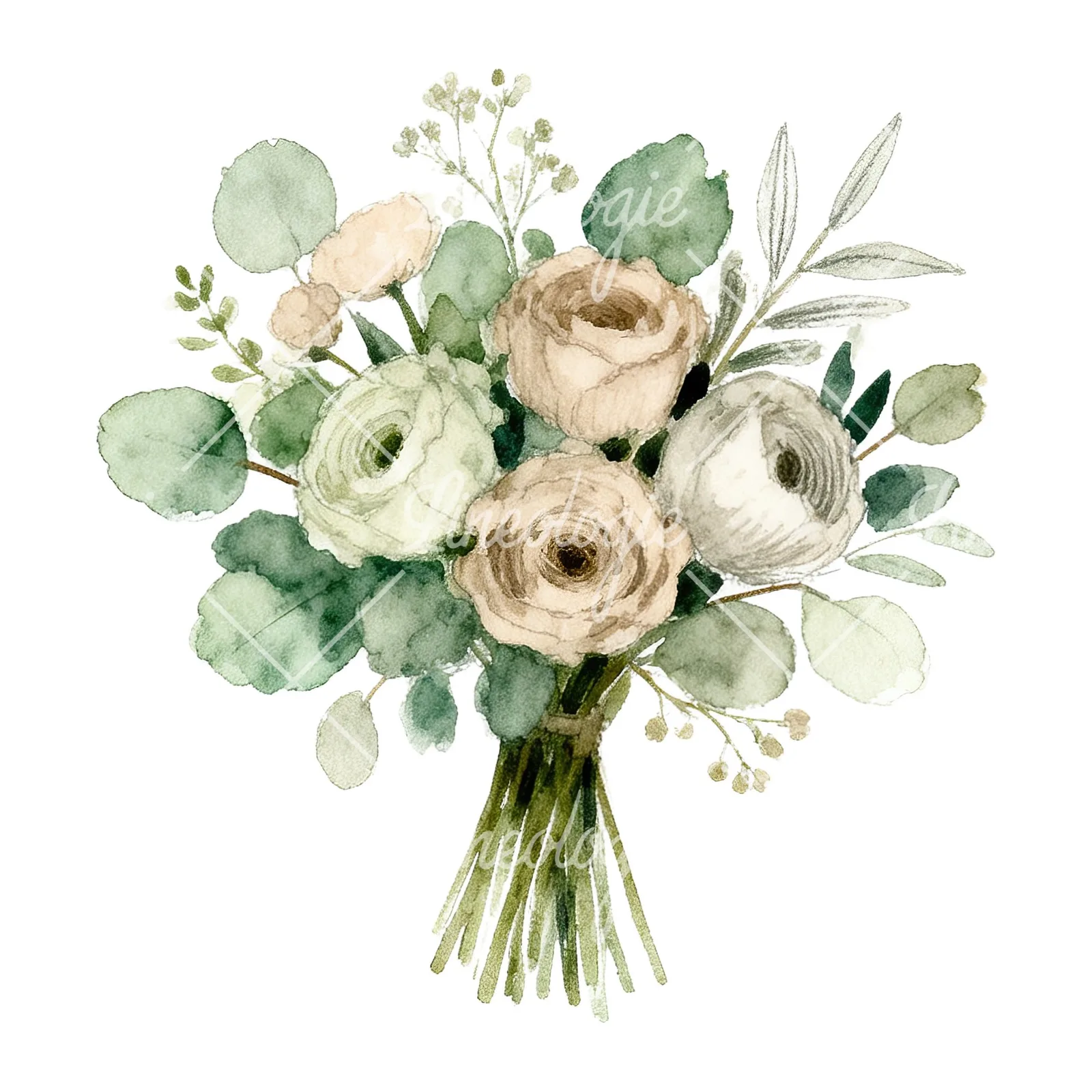 Watercolor sage green and nude wedding bouquet clipart 7 of 8 on a white background (JPG)