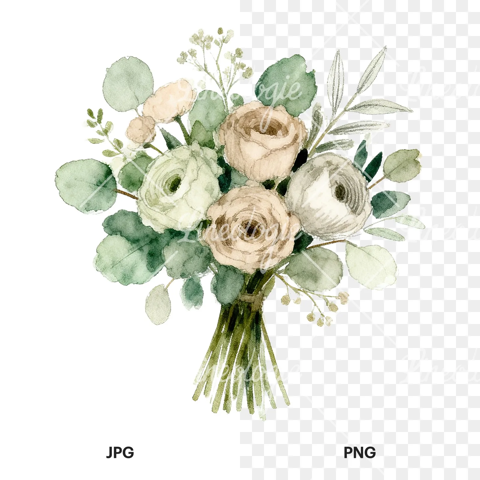 Watercolor sage green and nude wedding bouquet clipart 7 of 8, as a JPG on white and a transparent PNG
