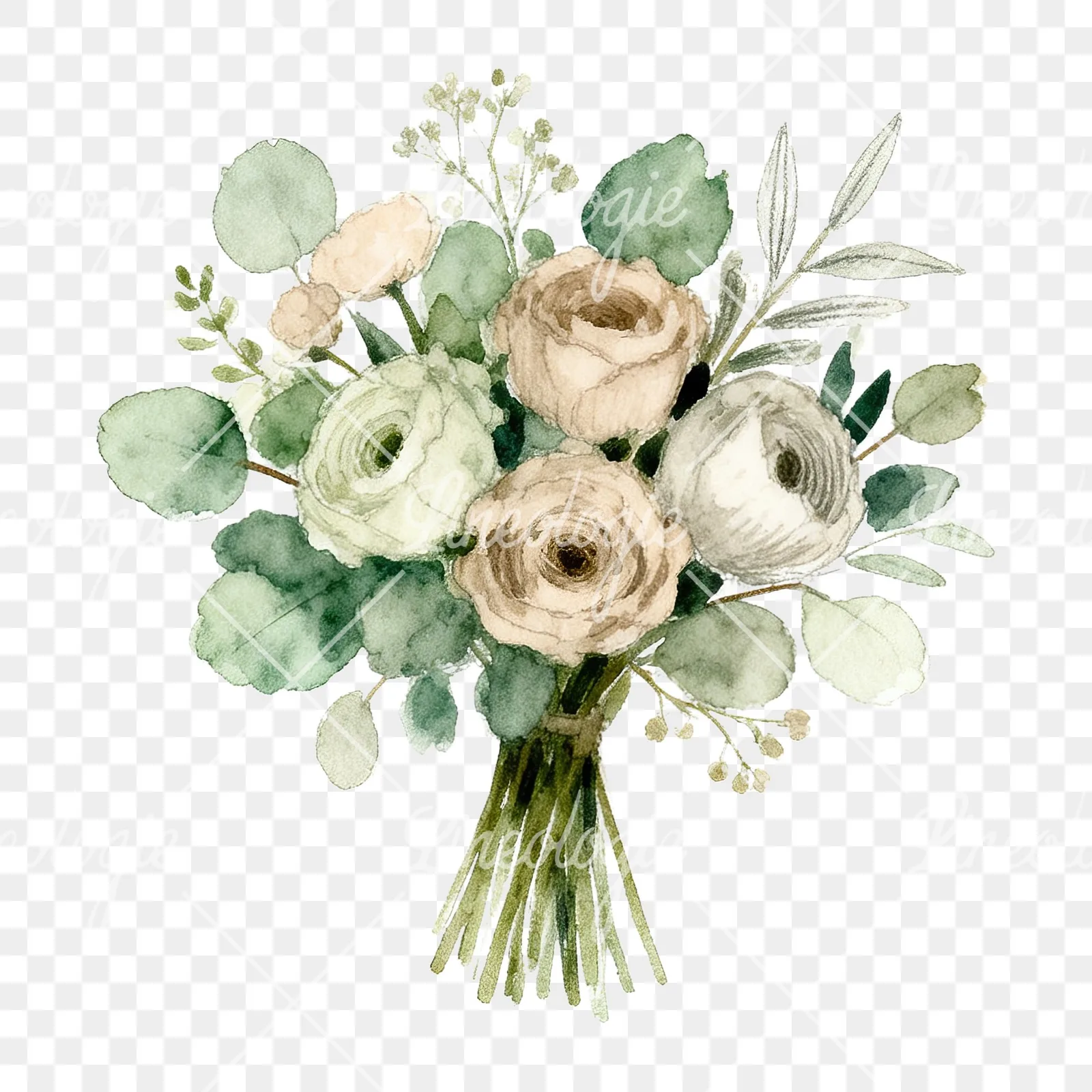 Watercolor sage green and nude wedding bouquet clipart 7 of 8 on a transparent background (PNG)