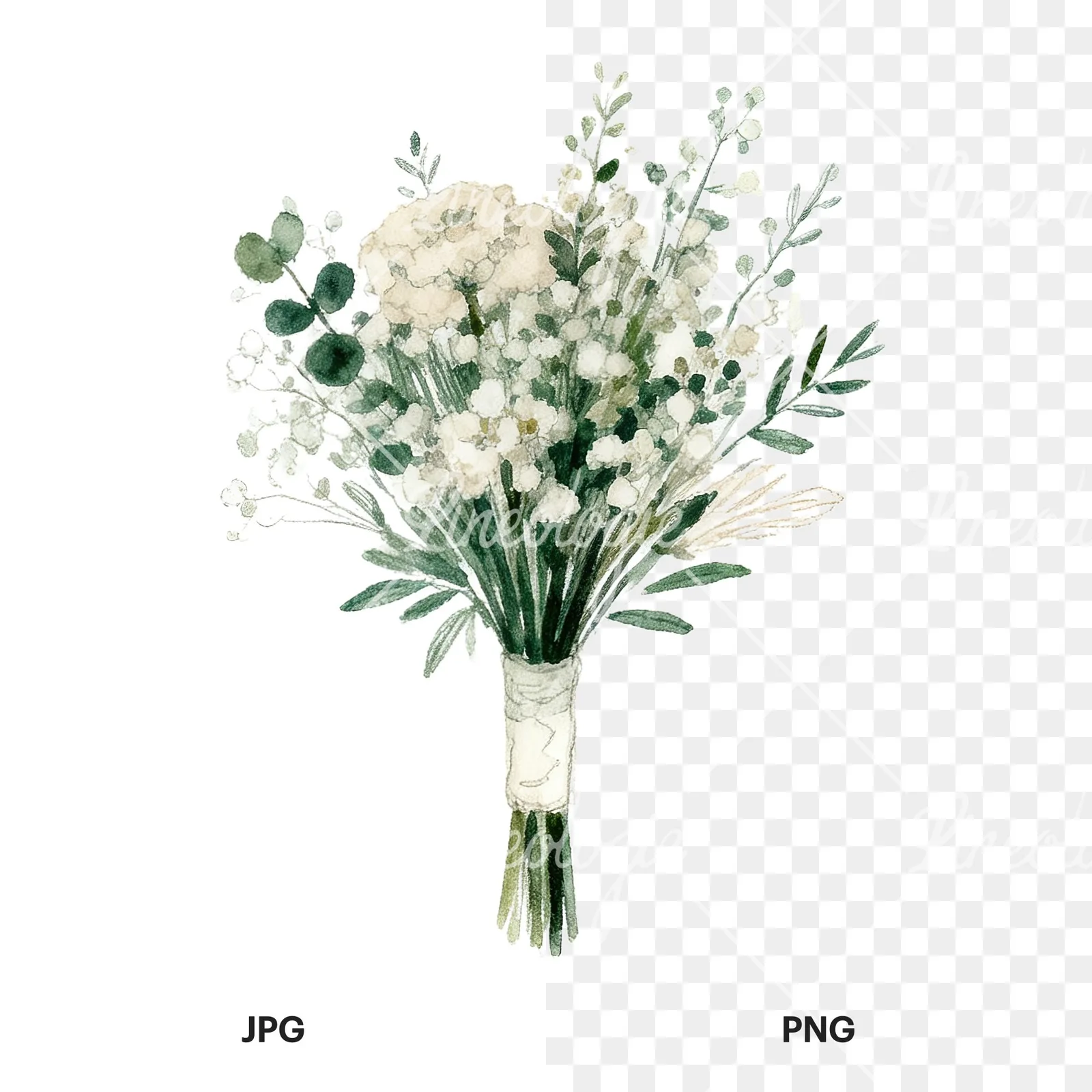Watercolor sage green and nude wedding bouquet clipart 8 of 8, as a JPG on white and a transparent PNG