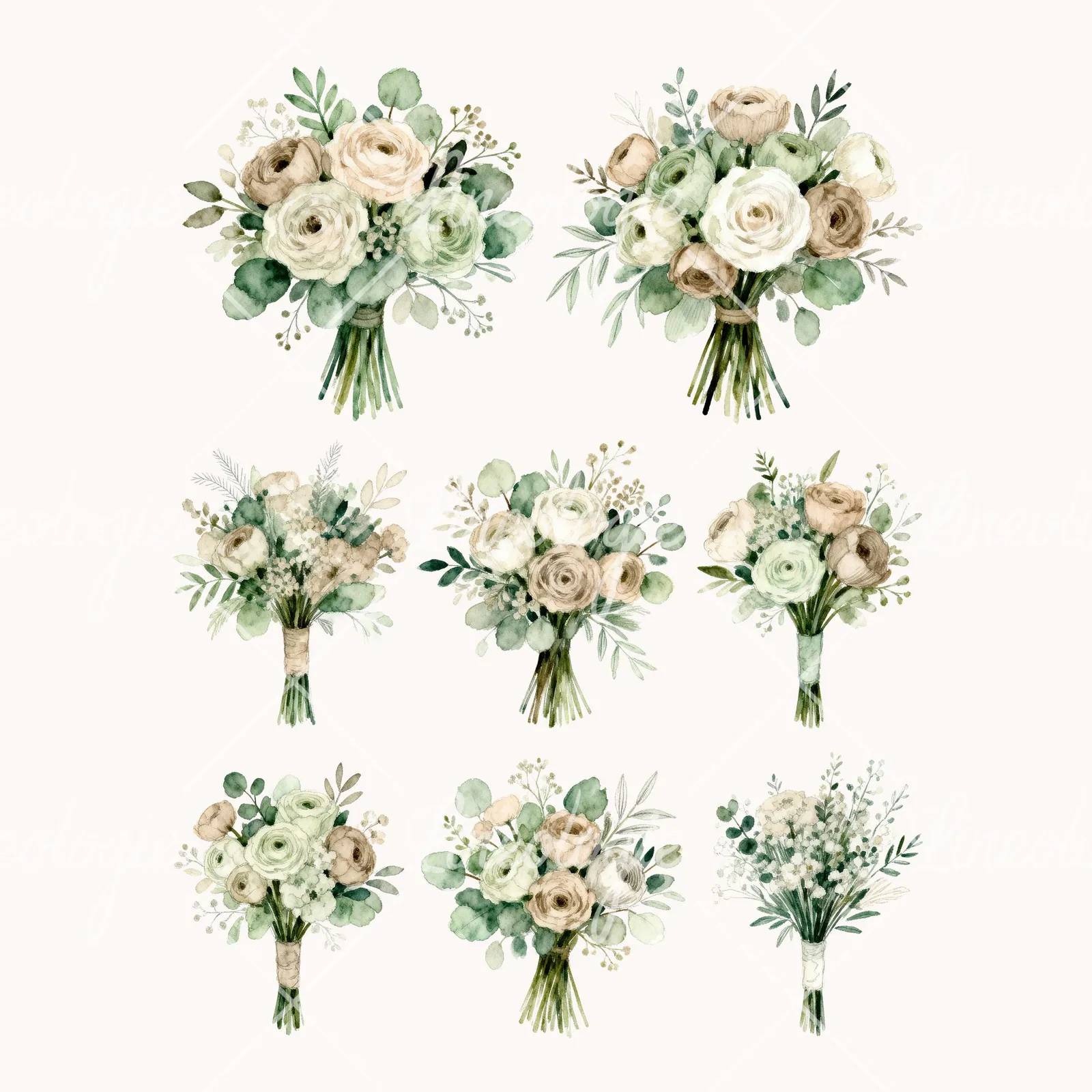 Watercolor Sage Green and Nude Wedding Bouquet Clipart, all 8 illustrations in the pack