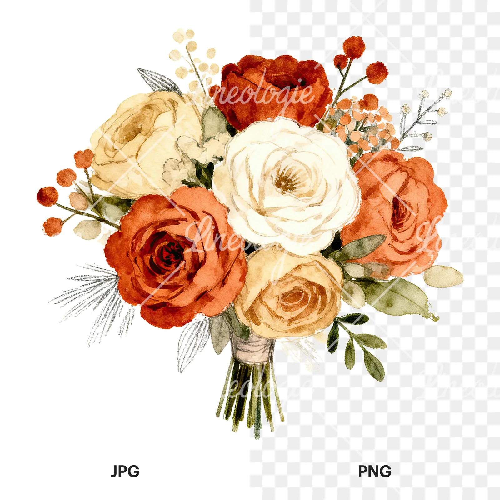 Watercolor terracotta and ivory boho wedding bouquet clipart 1 of 6, as a JPG on white and a transparent PNG